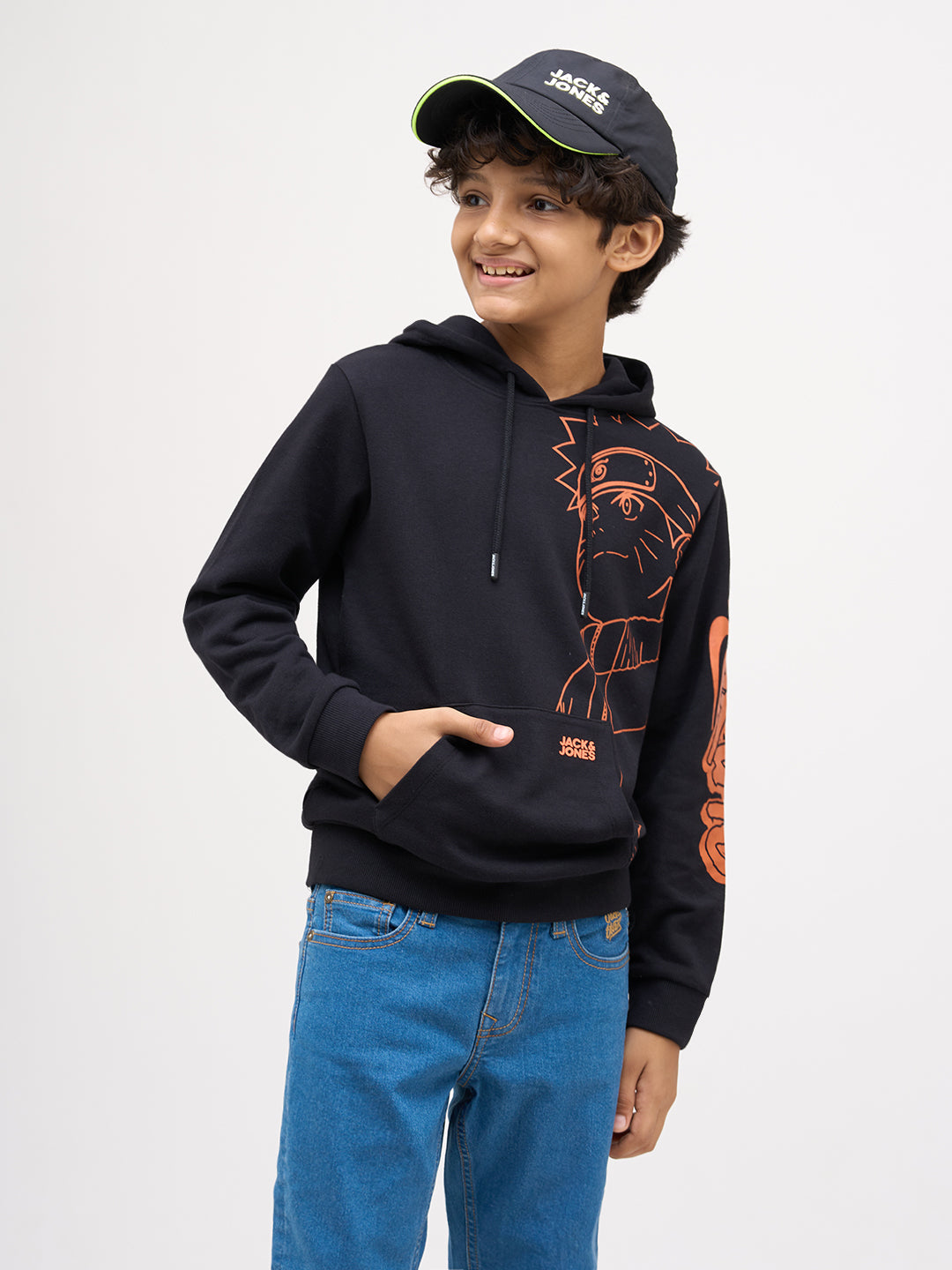 Boys Cotton Black Hooded Sweatshirt With Naruto Placement Print