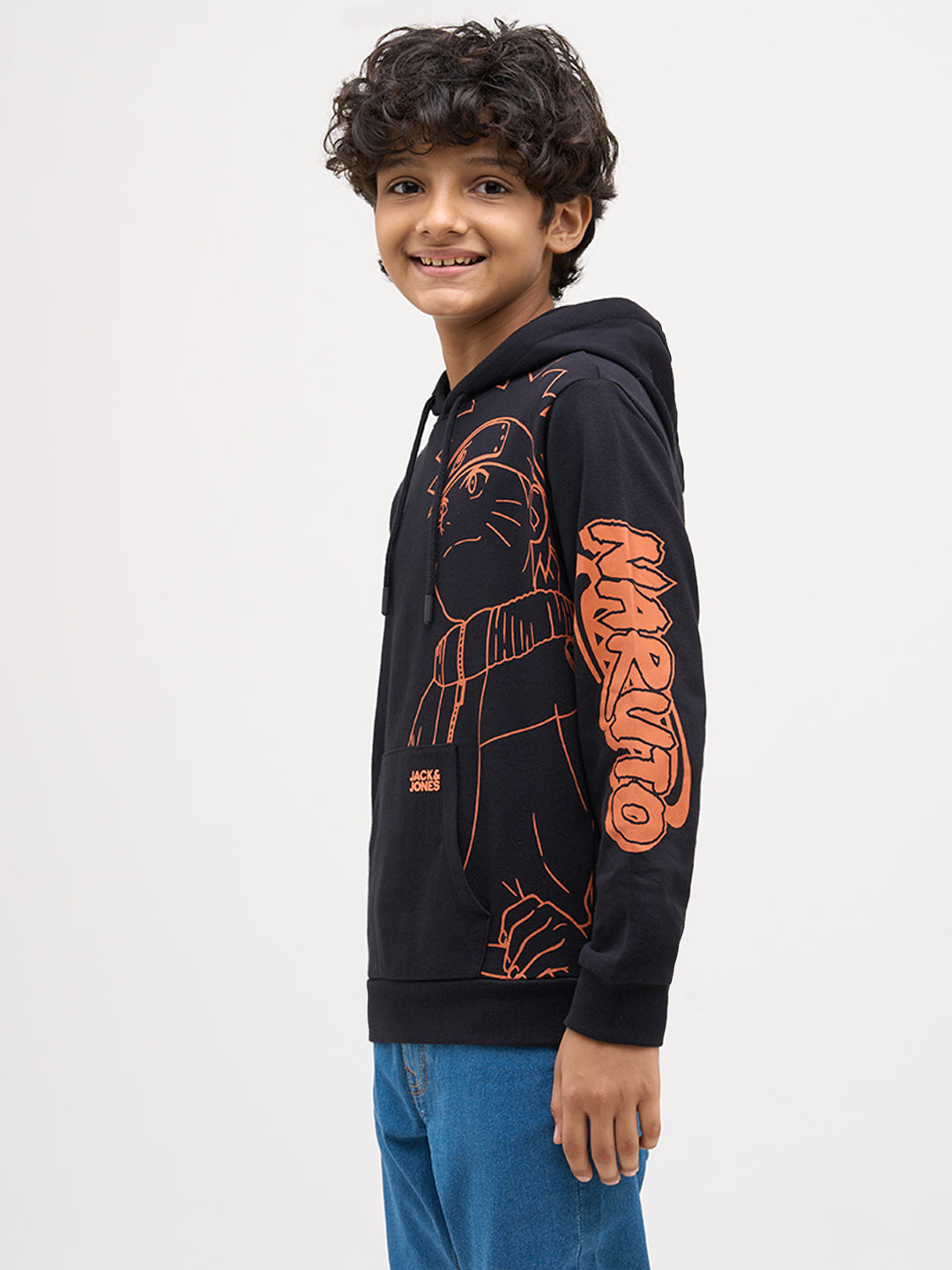 Boys Cotton Black Hooded Sweatshirt With Naruto Placement Print