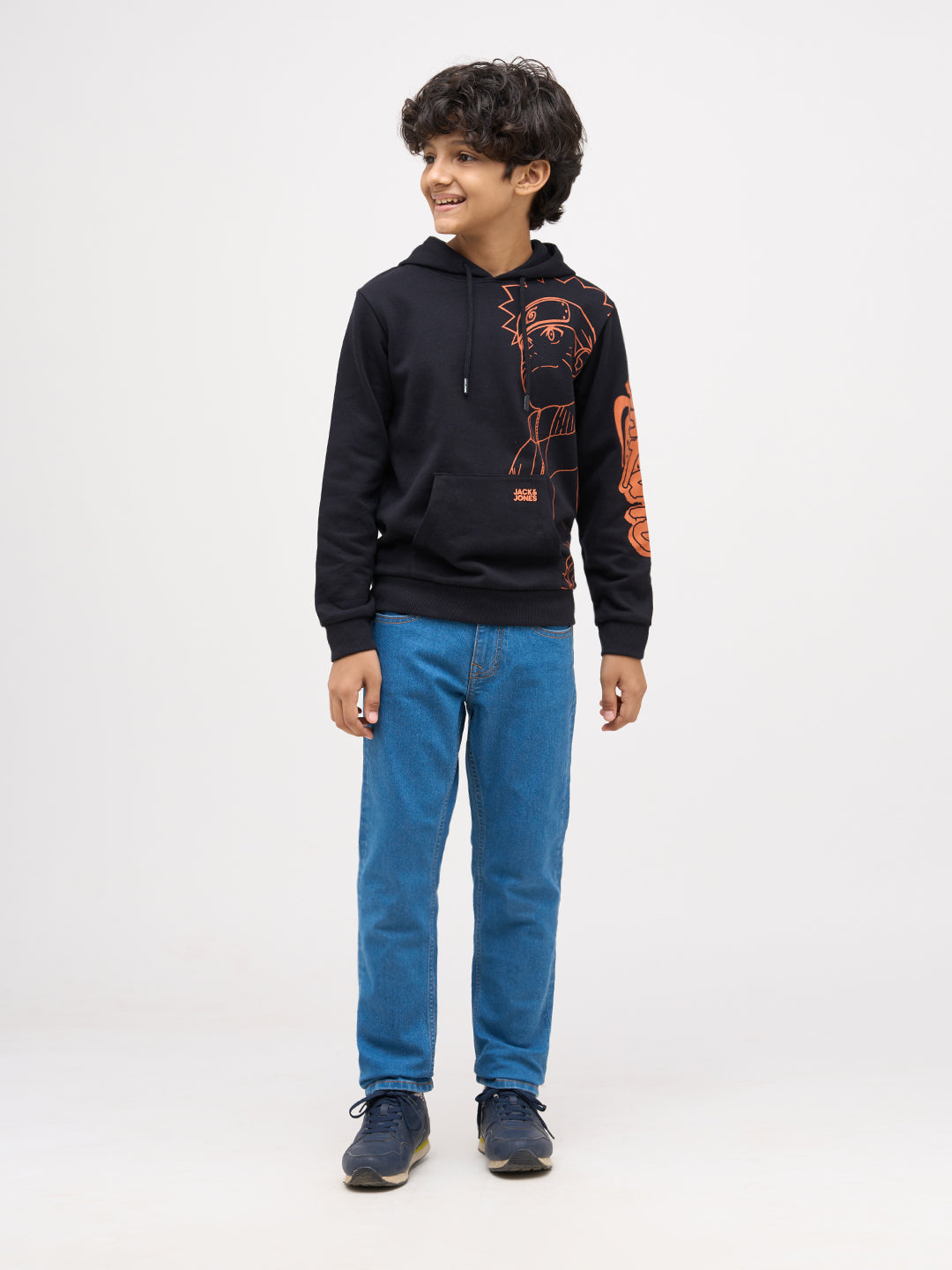 Boys Cotton Black Hooded Sweatshirt With Naruto Placement Print