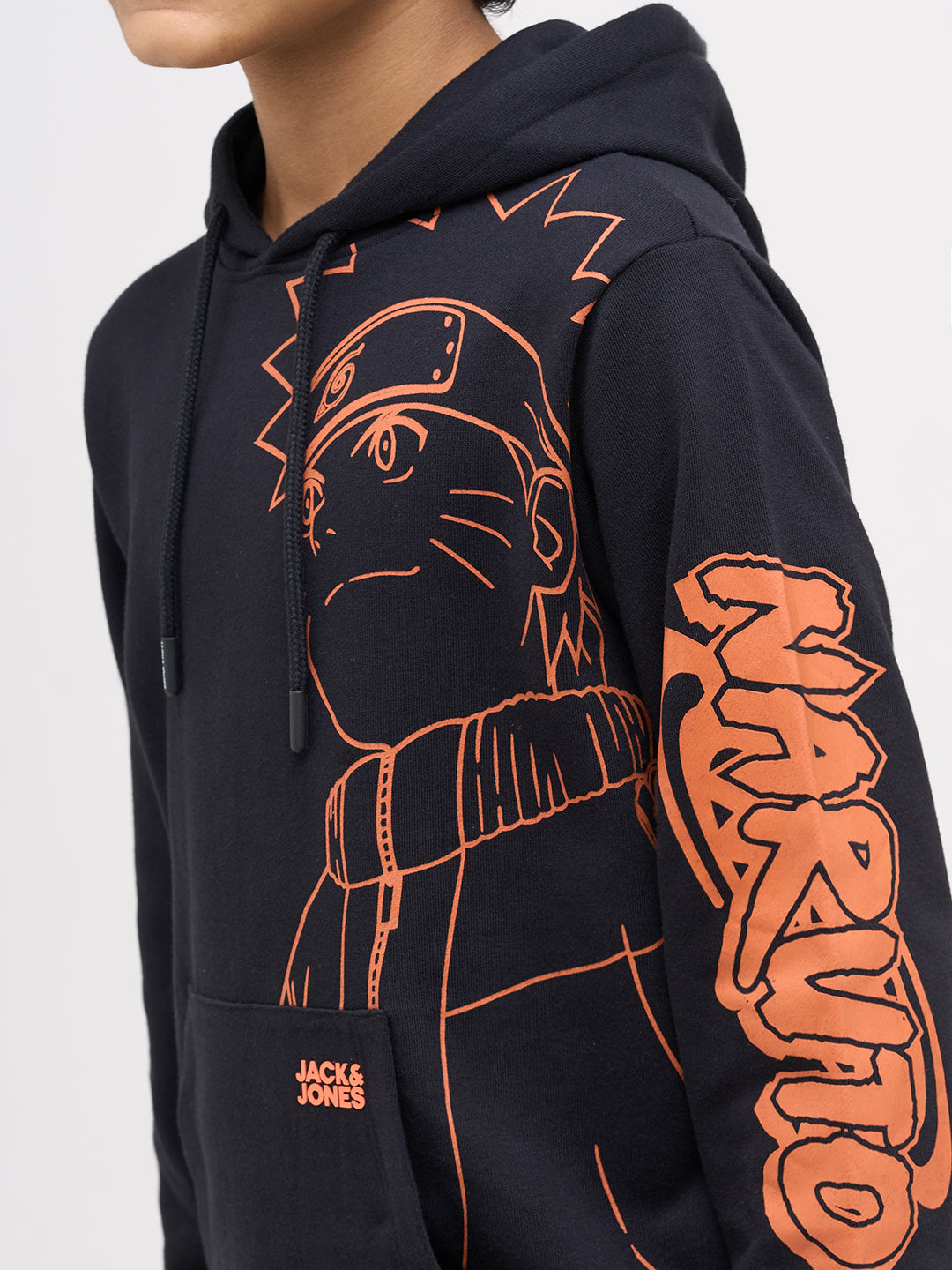 Boys Cotton Black Hooded Sweatshirt With Naruto Placement Print