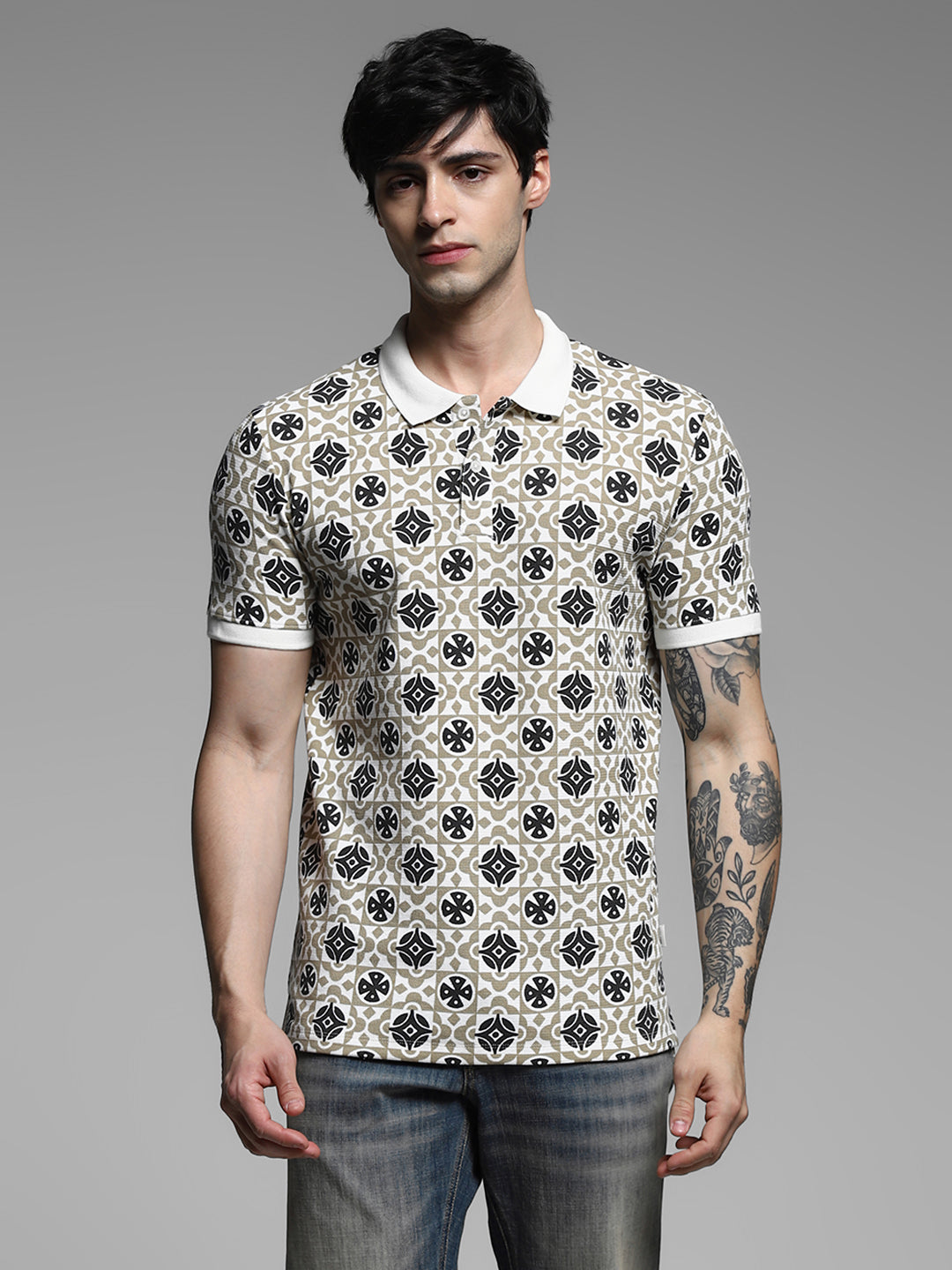 Brown Printed Cotton Polo