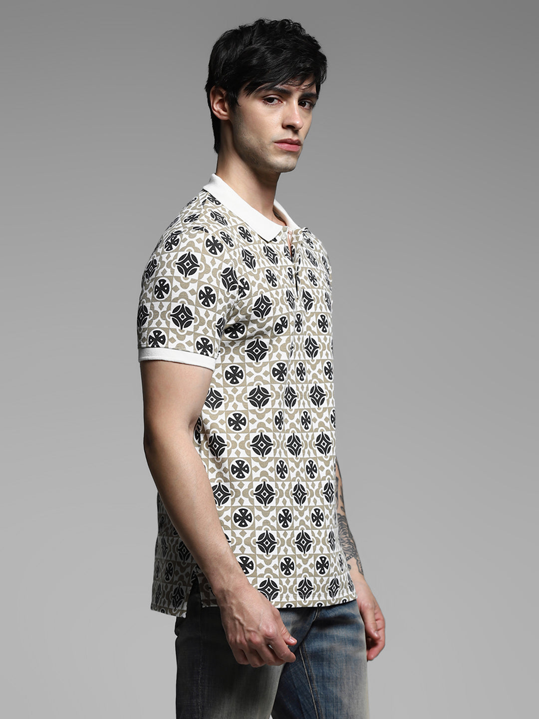 Brown Printed Cotton Polo