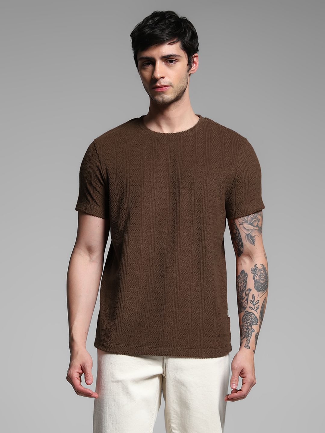 Brown Jacquard Crew NECK t-shirt