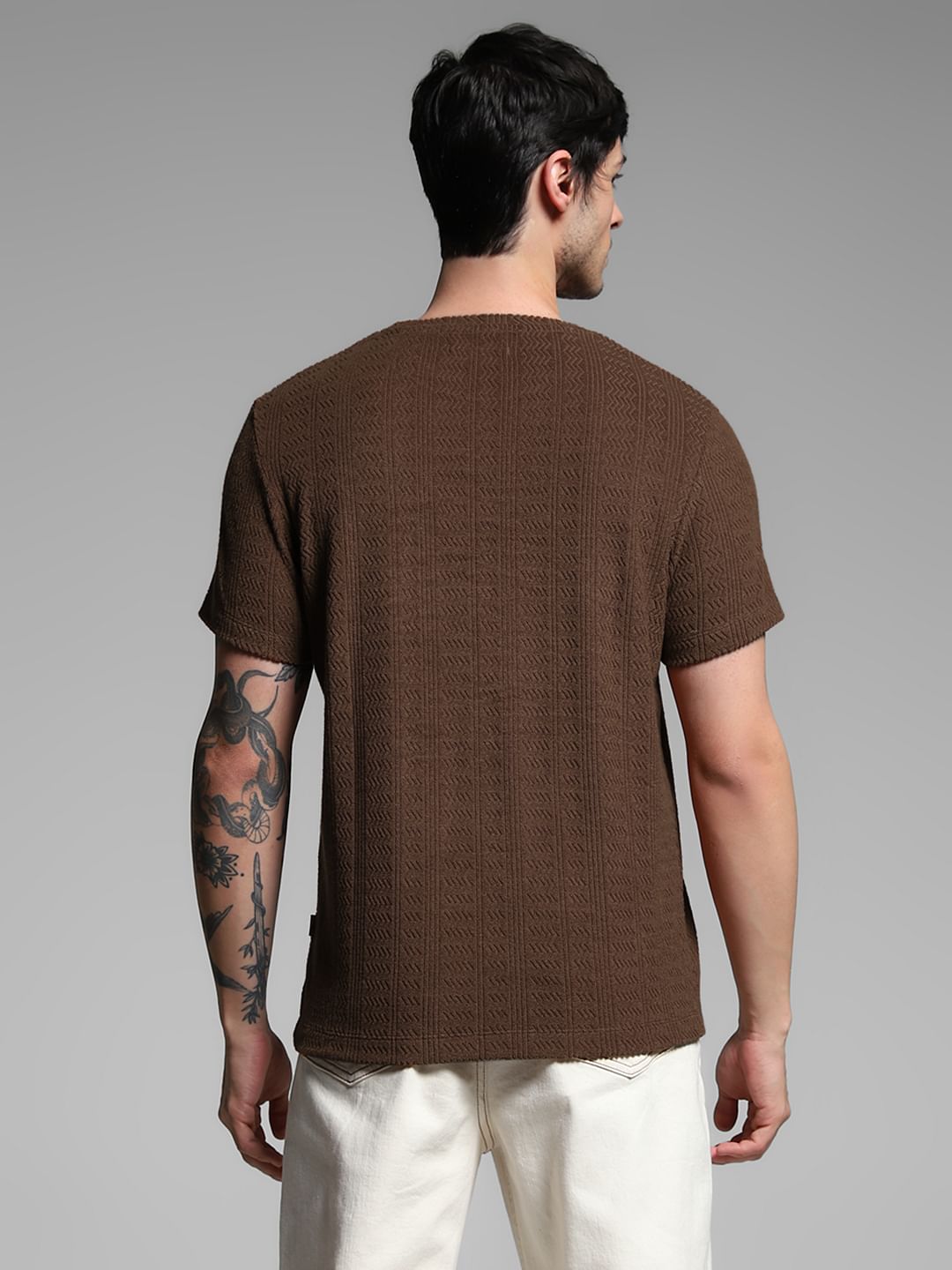 Brown Jacquard Crew NECK t-shirt