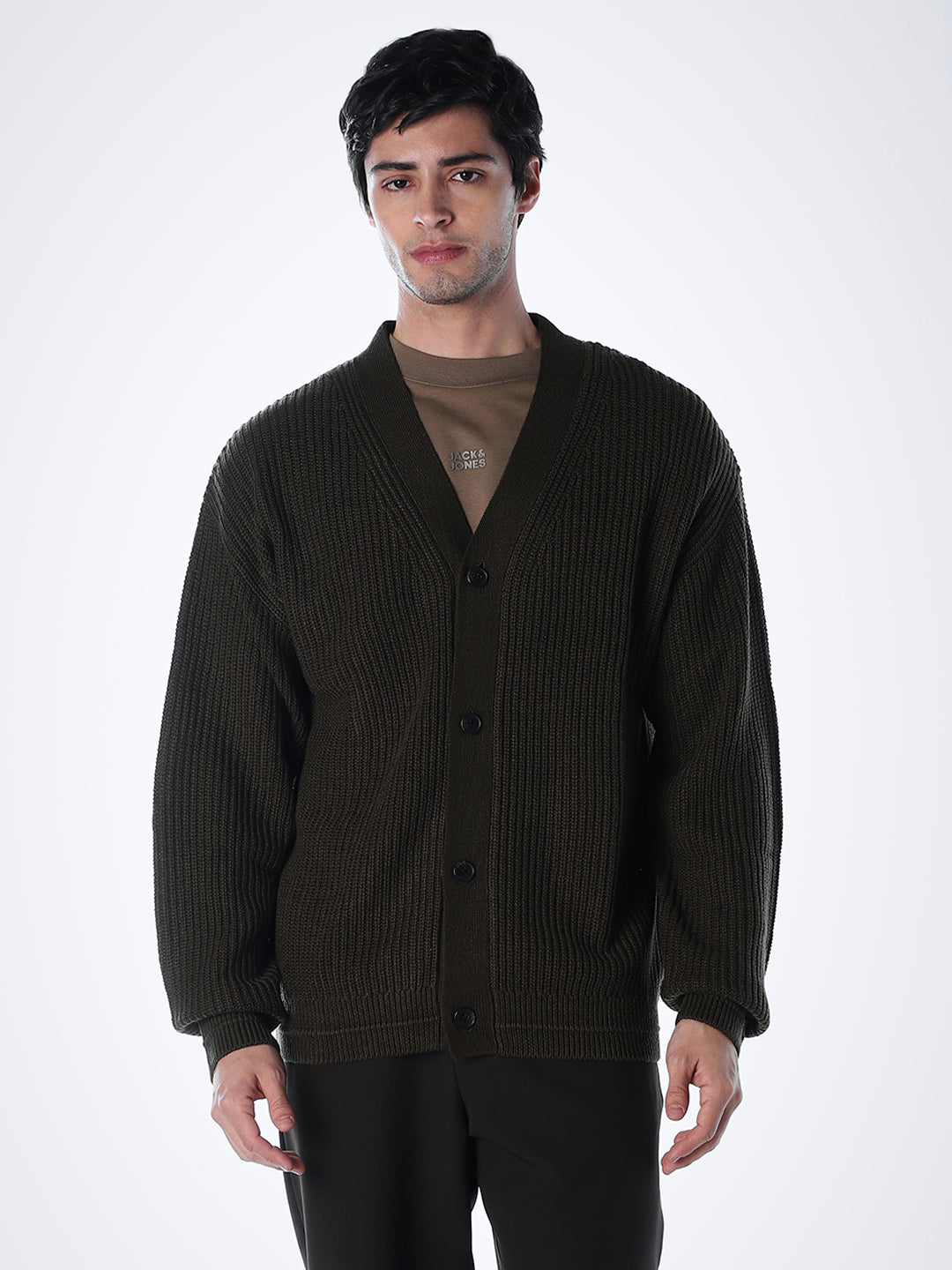 V-Neck Buttoned Cardigan - Dark Brown