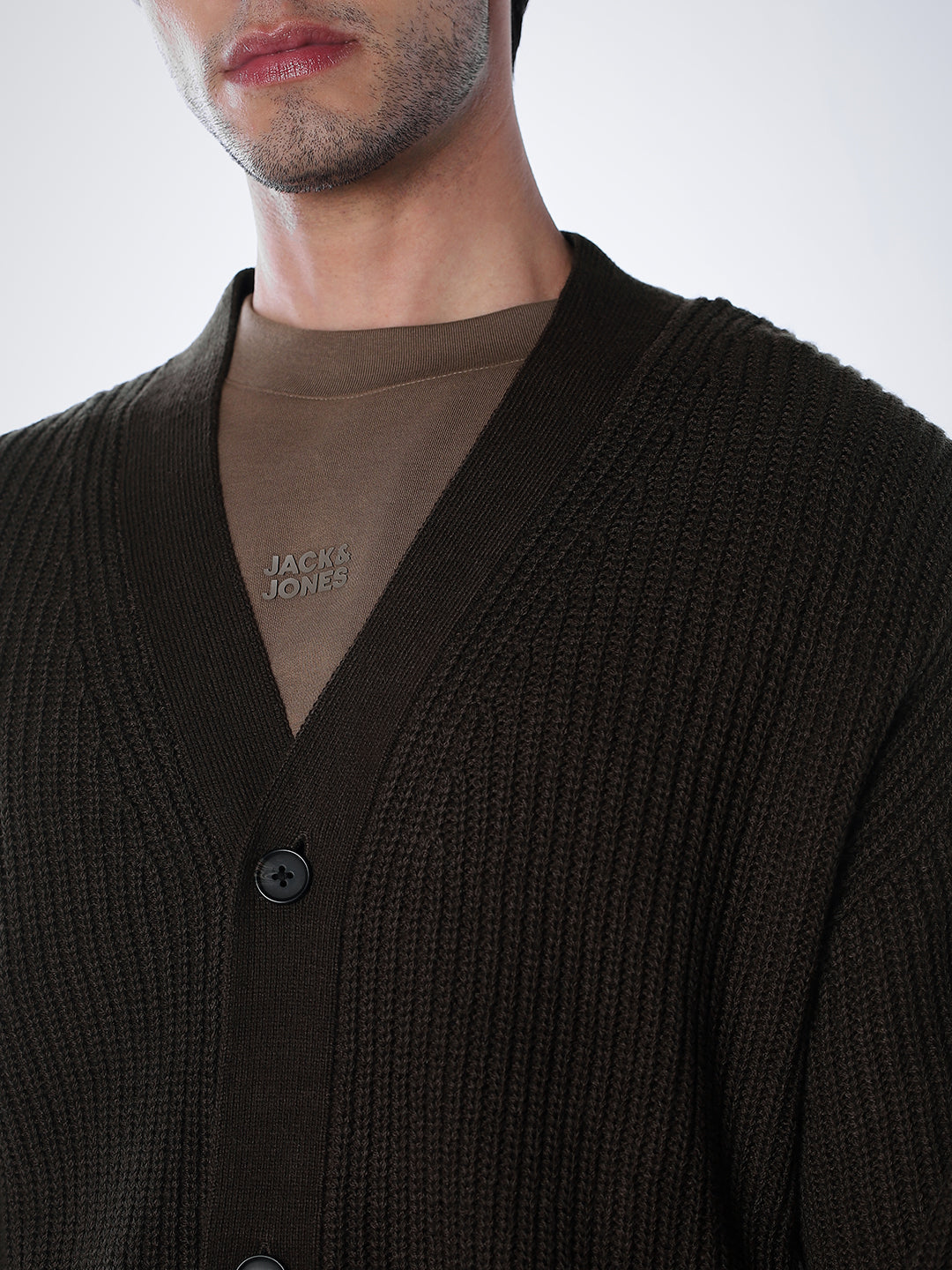 V-Neck Buttoned Cardigan - Dark Brown