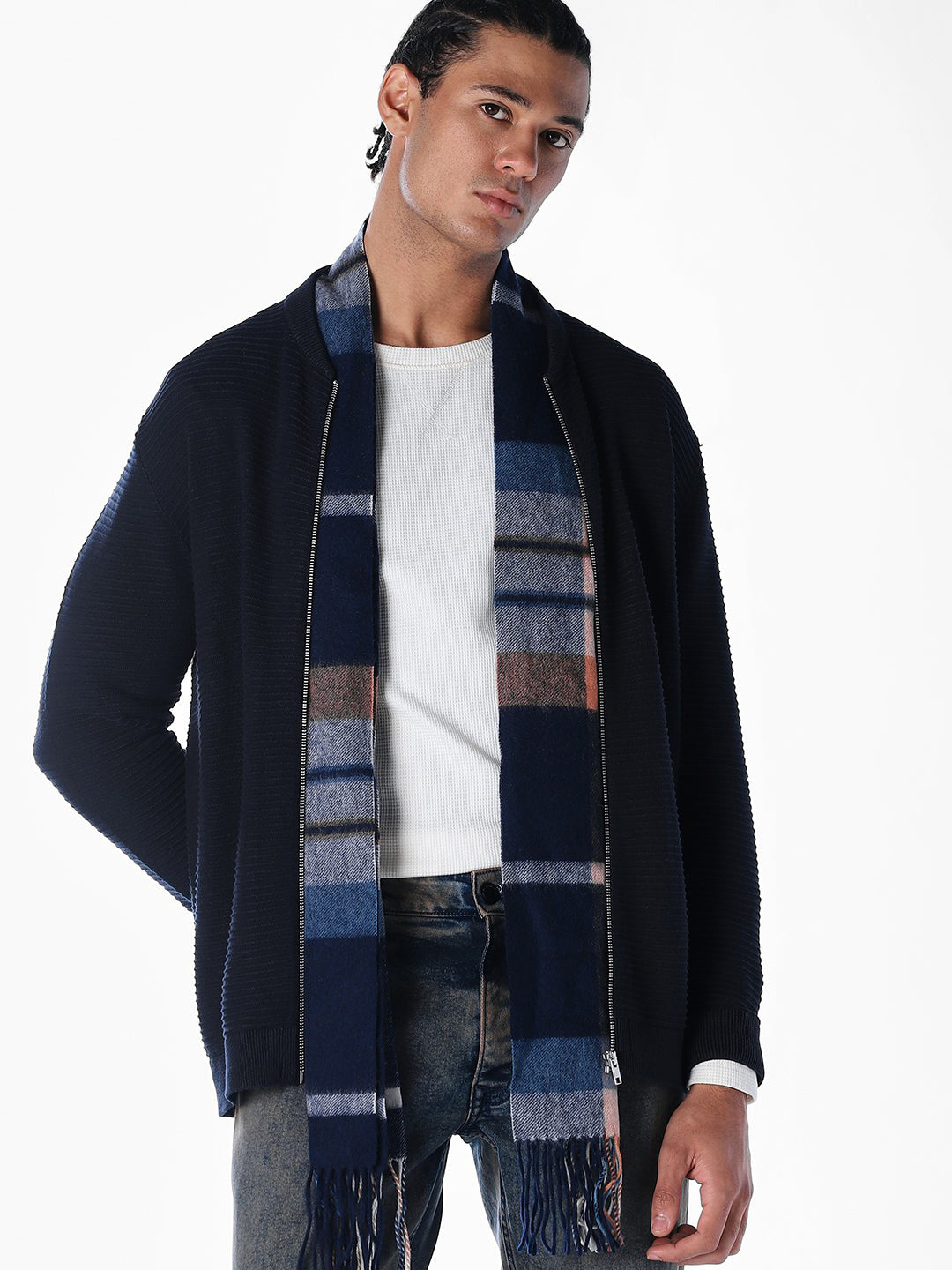 Navy Blue Zip-Up Cardigan