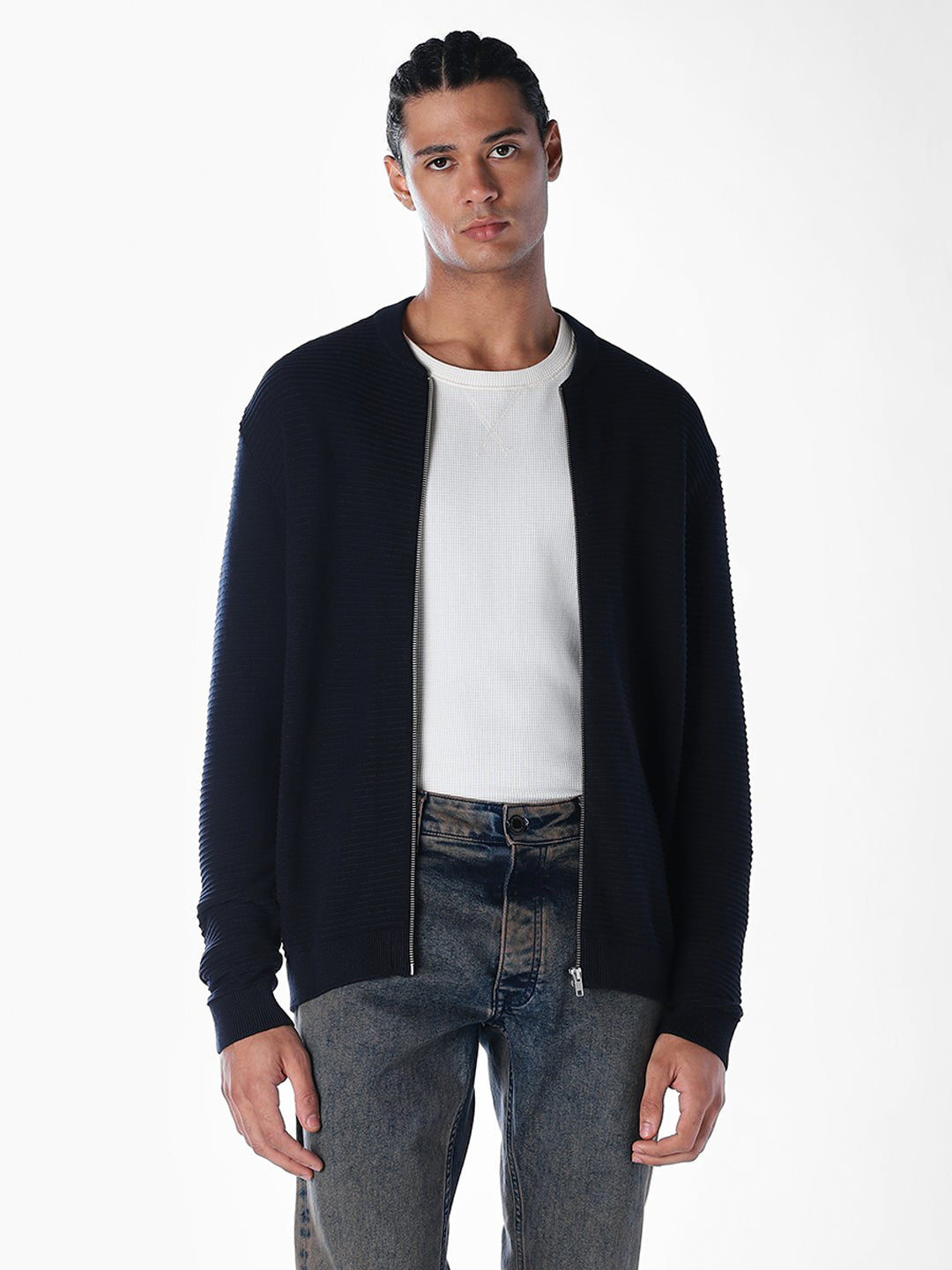 Navy Blue Zip-Up Cardigan