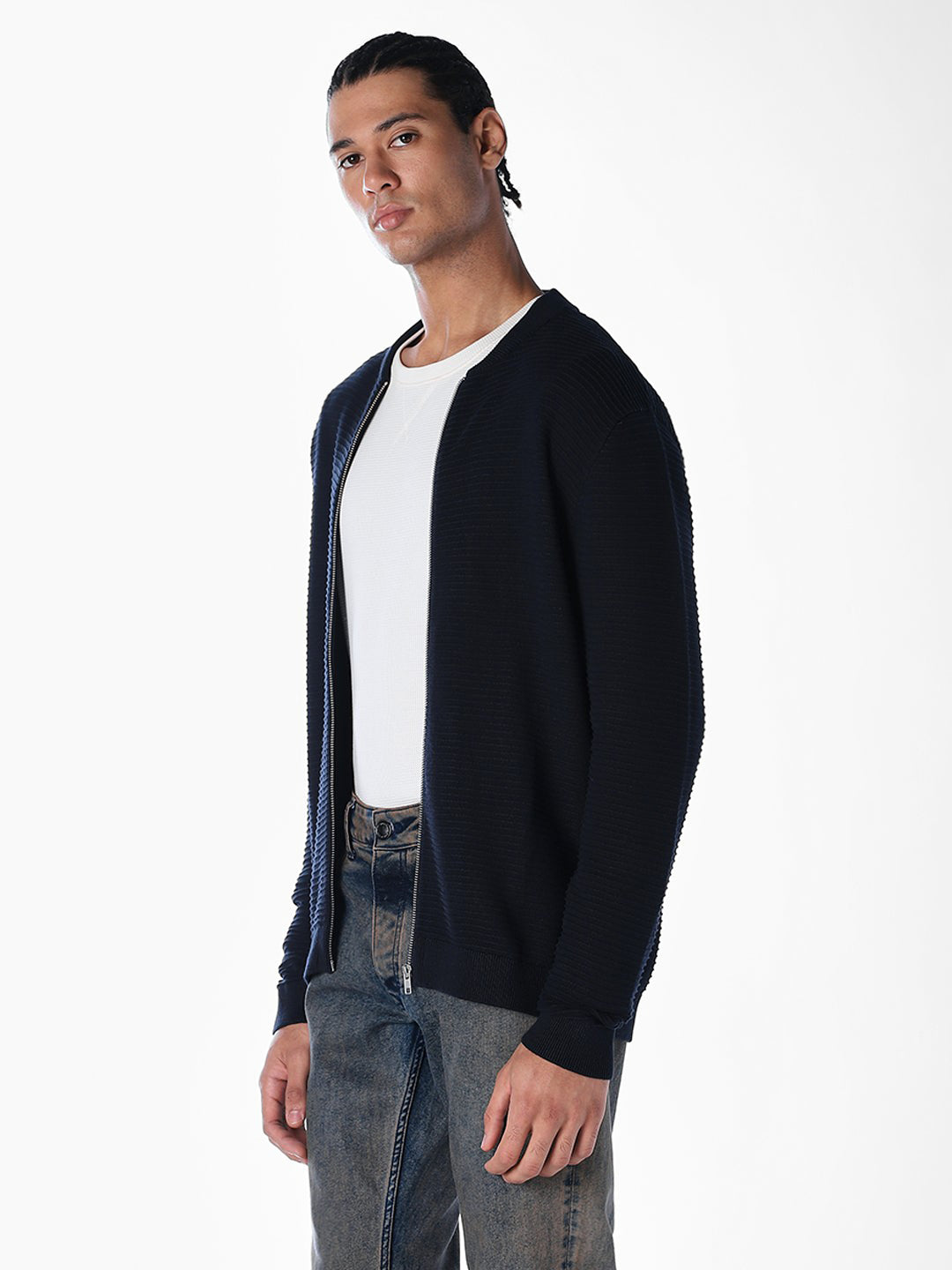 Navy Blue Zip-Up Cardigan