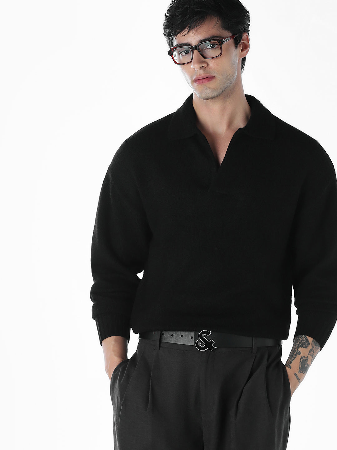 Split Neck Knit Oversized Polo - Black