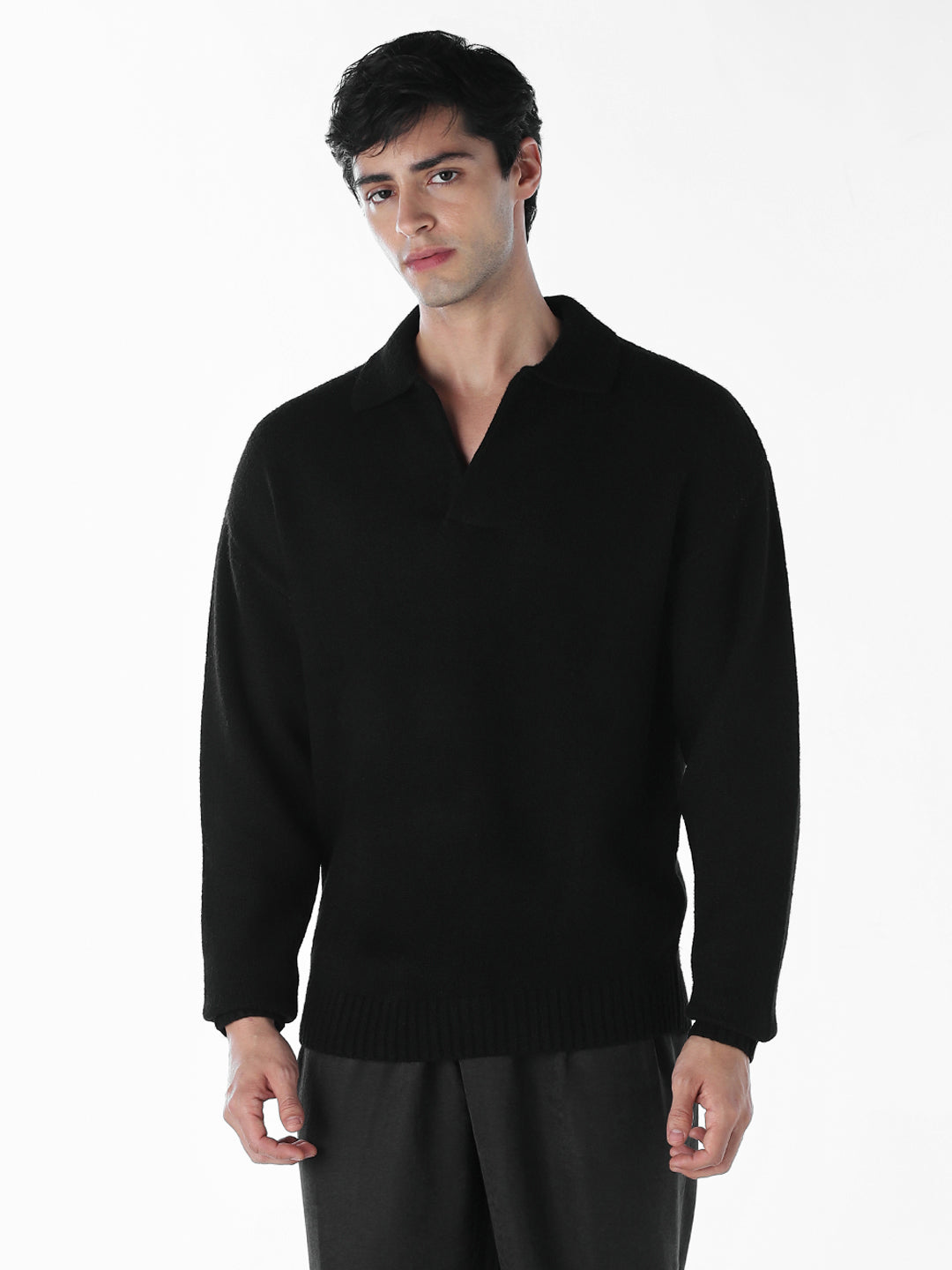 Split Neck Knit Oversized Polo - Black