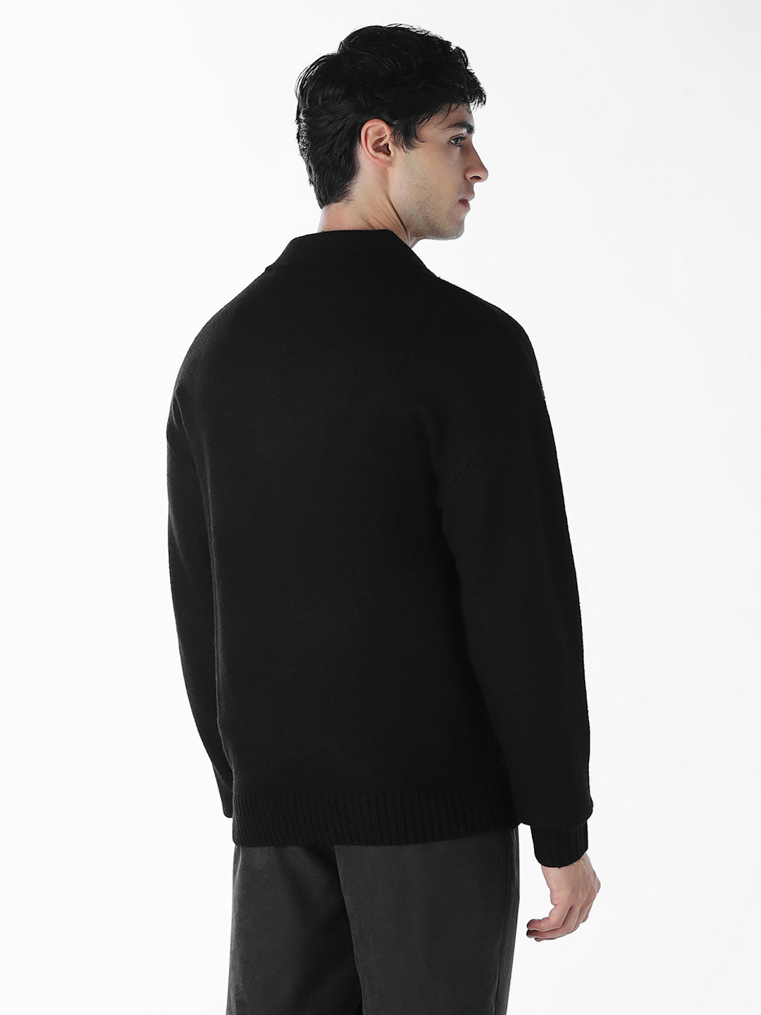 Split Neck Knit Oversized Polo - Black