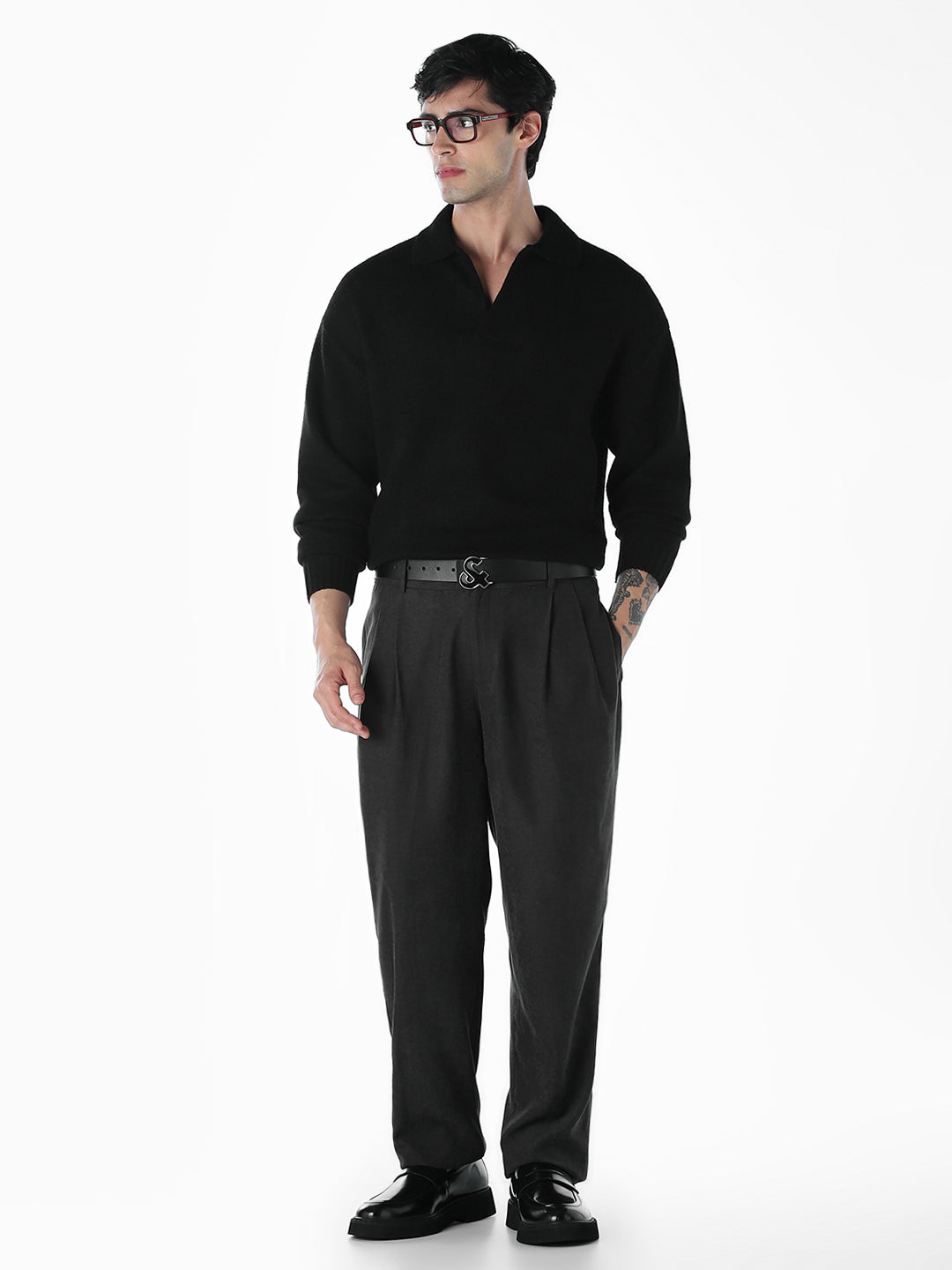 Split Neck Knit Oversized Polo - Black