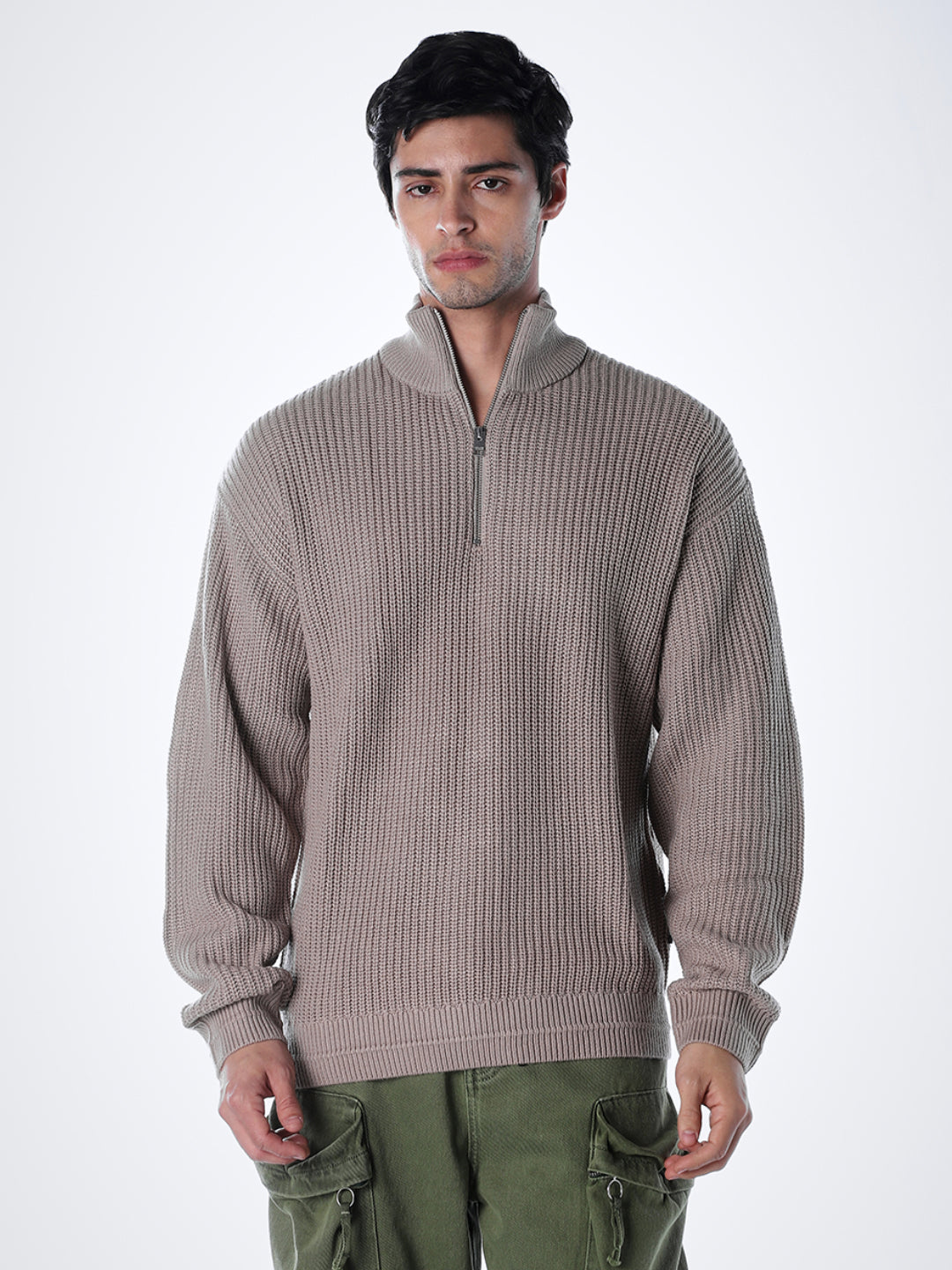 Half-Zip High Neck Pullover - Beige