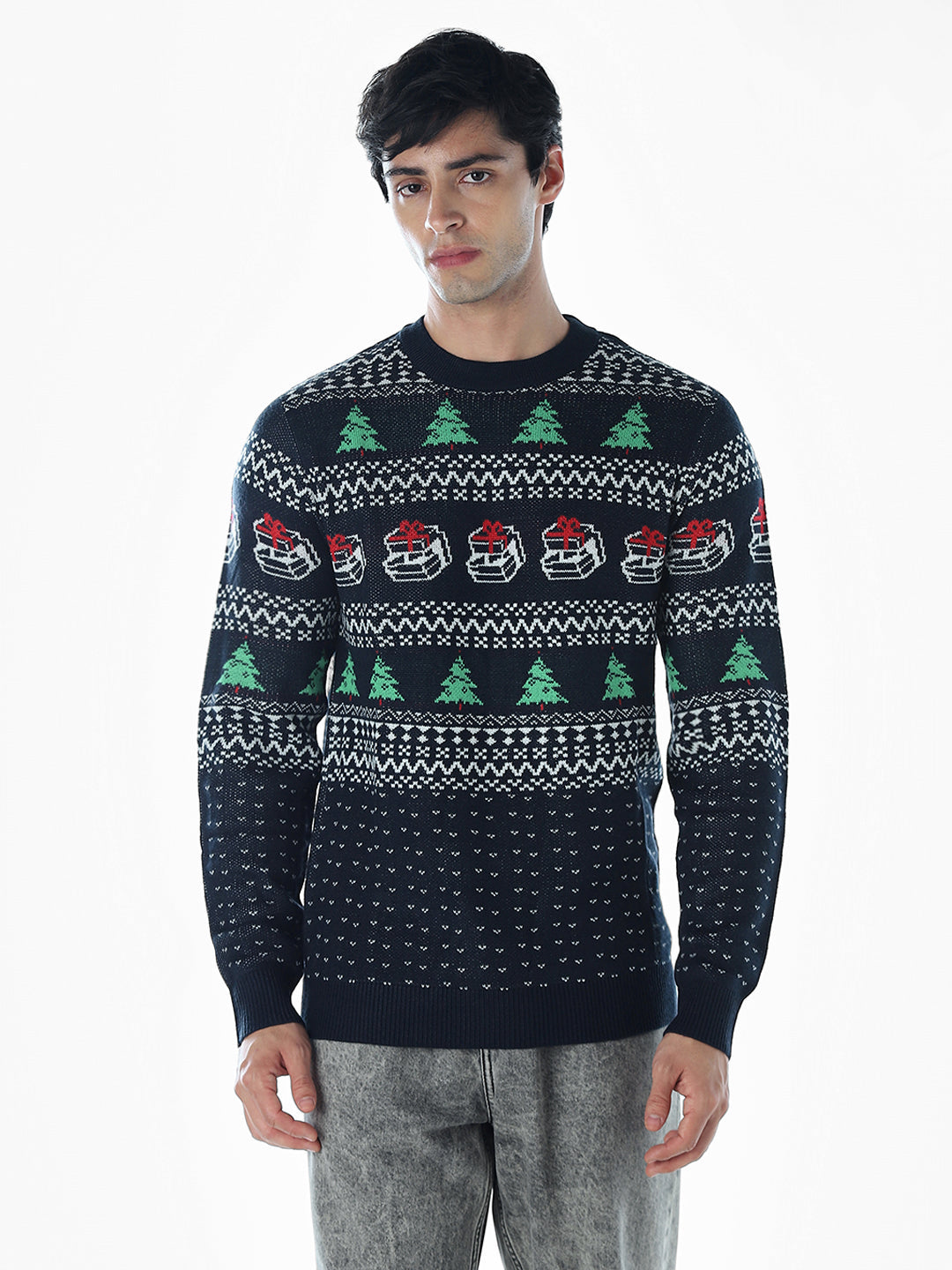 Printed Jacquard Crew Neck Pullover