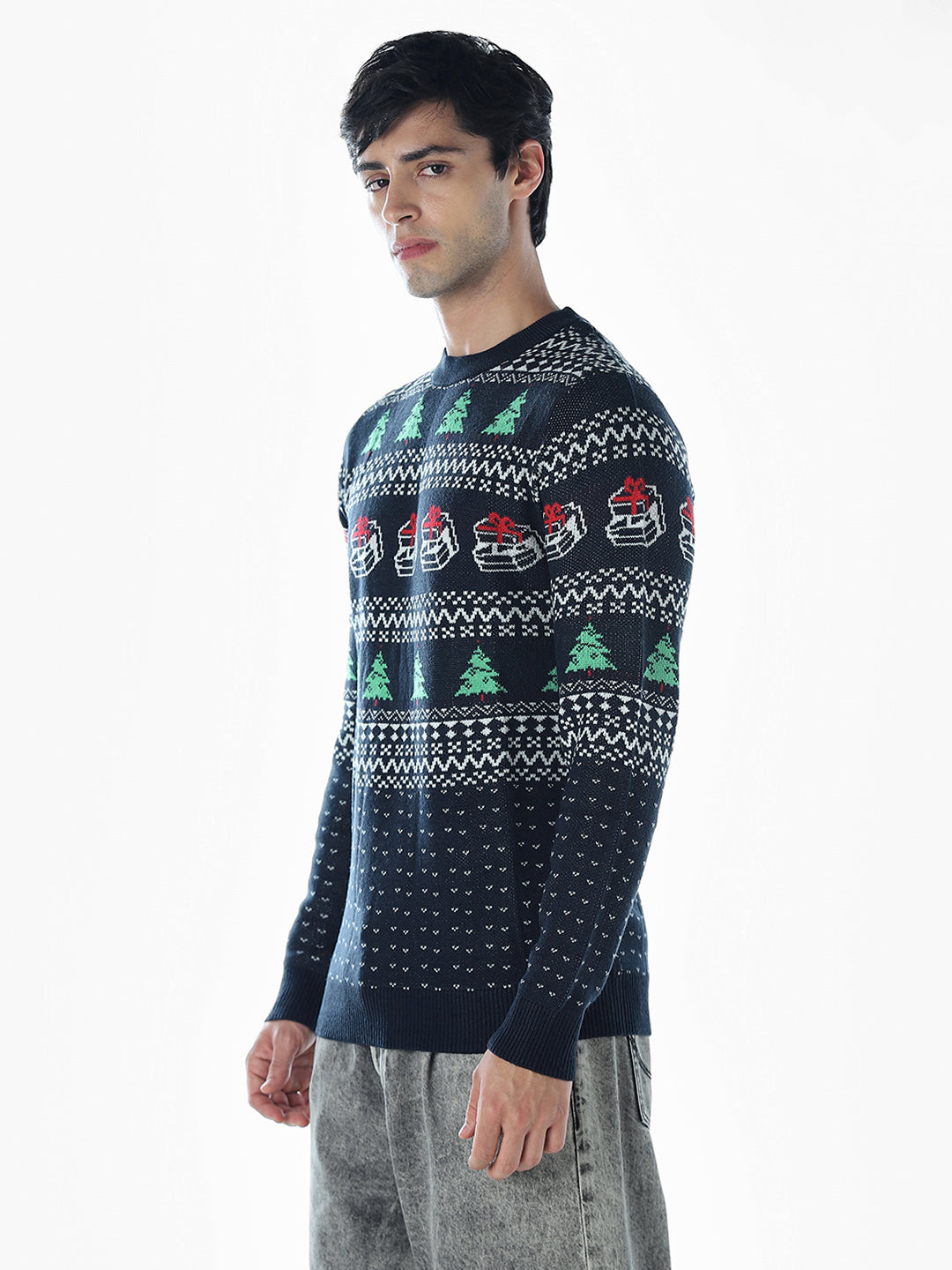 Printed Jacquard Crew Neck Pullover