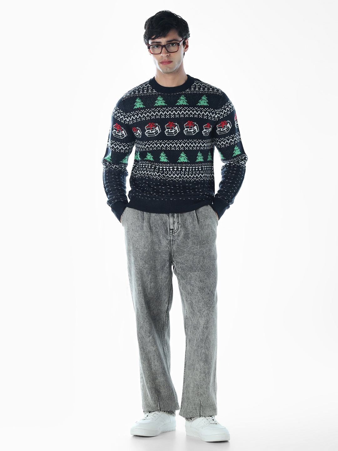 Printed Jacquard Crew Neck Pullover