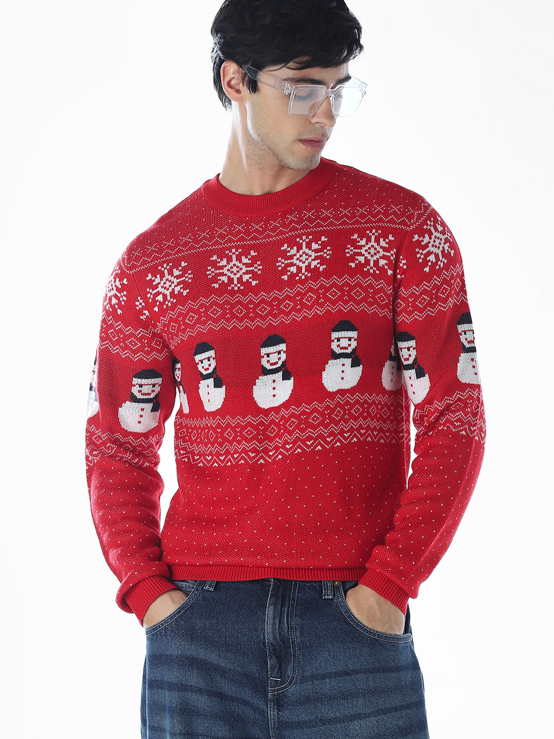 Printed Jacquard Crew Neck Pullover - Red