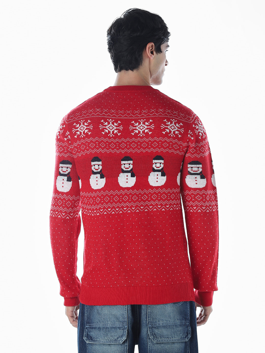 Printed Jacquard Crew Neck Pullover - Red