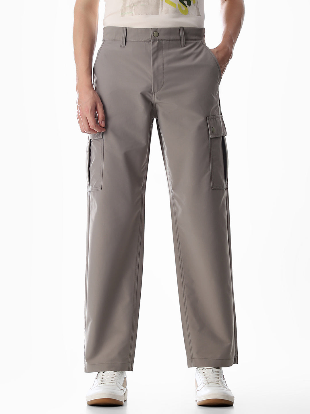 Grey Mid Rise Regular Fit Cargos