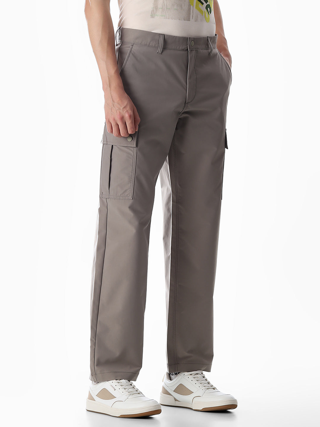 Grey Mid Rise Regular Fit Cargos
