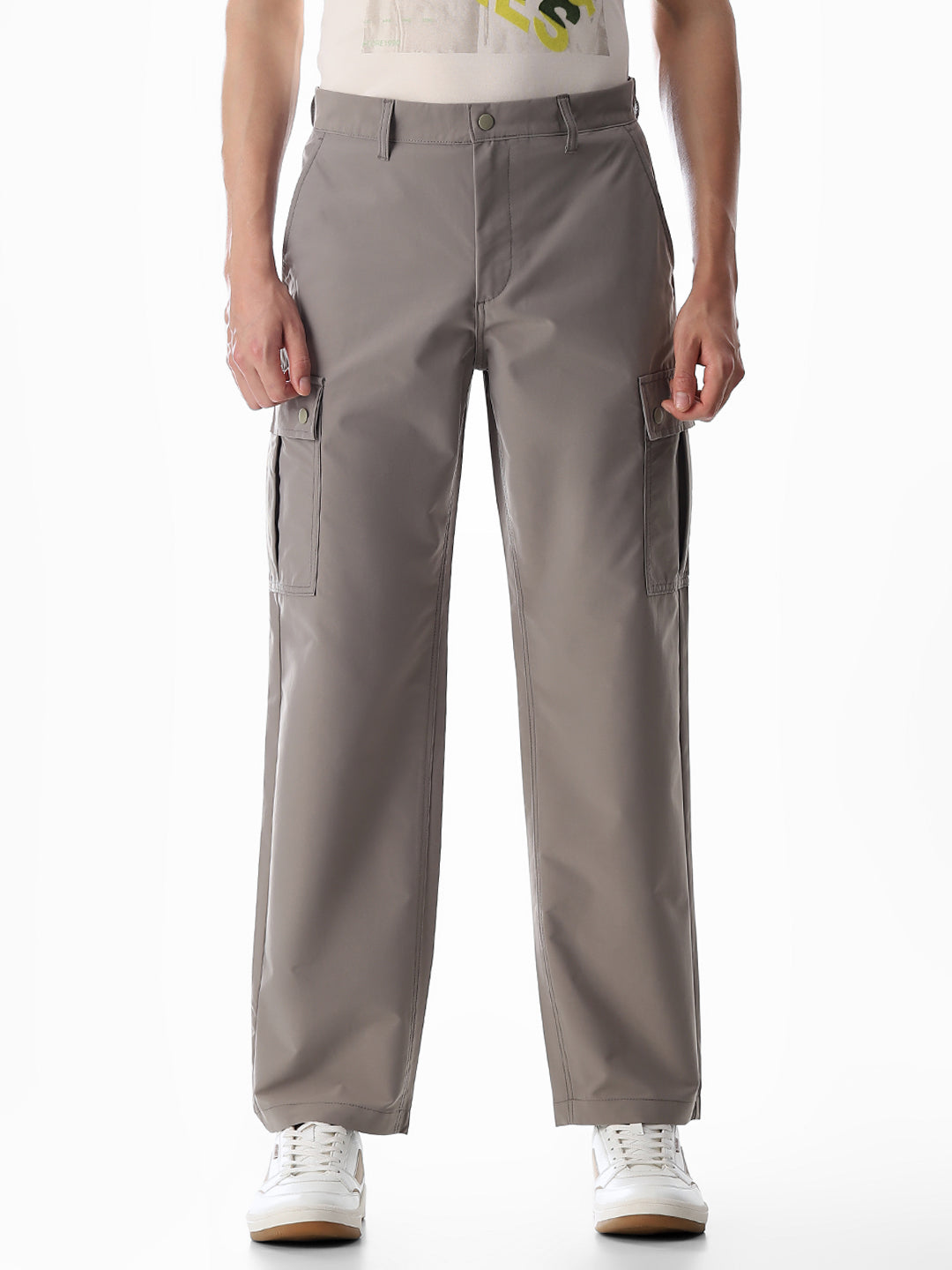 Grey Mid Rise Regular Fit Cargos