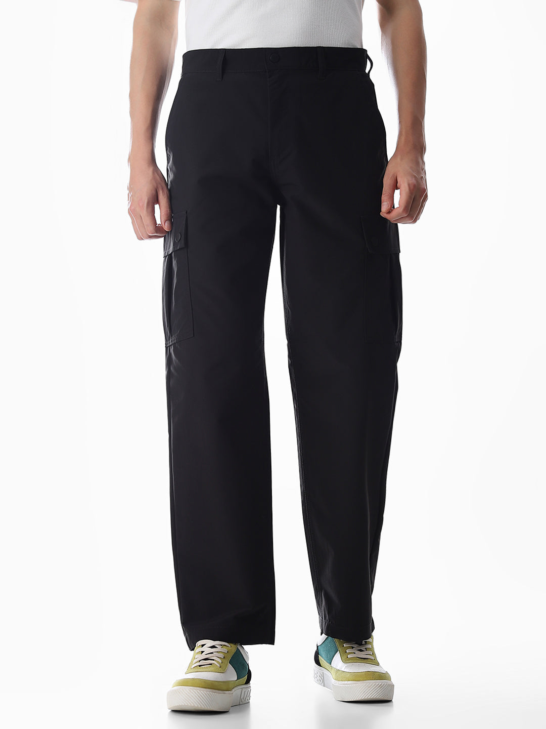 Black Mid Rise Regular Fit Cargos