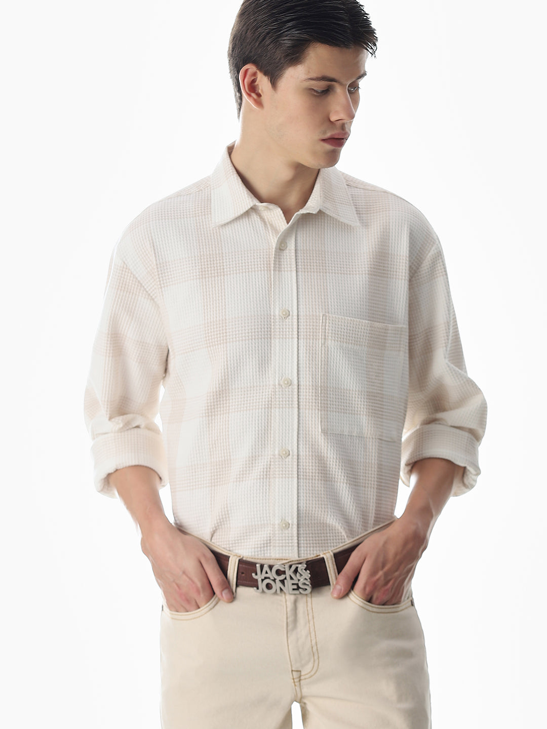 White Waffle Check Cotton Shirt
