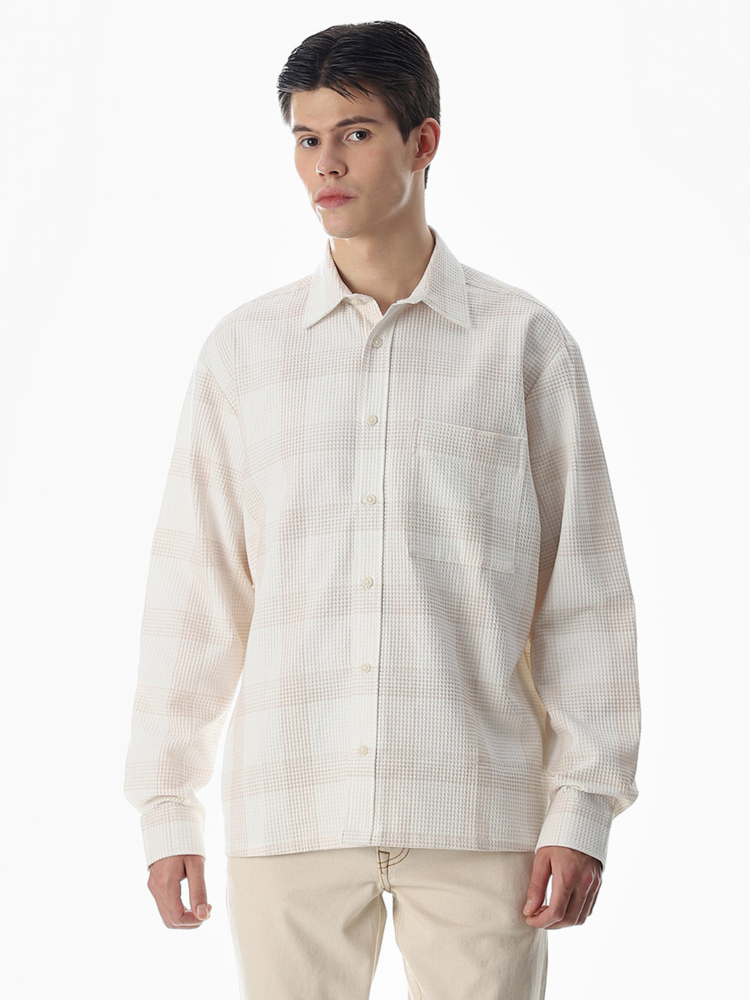 White Waffle Check Cotton Shirt