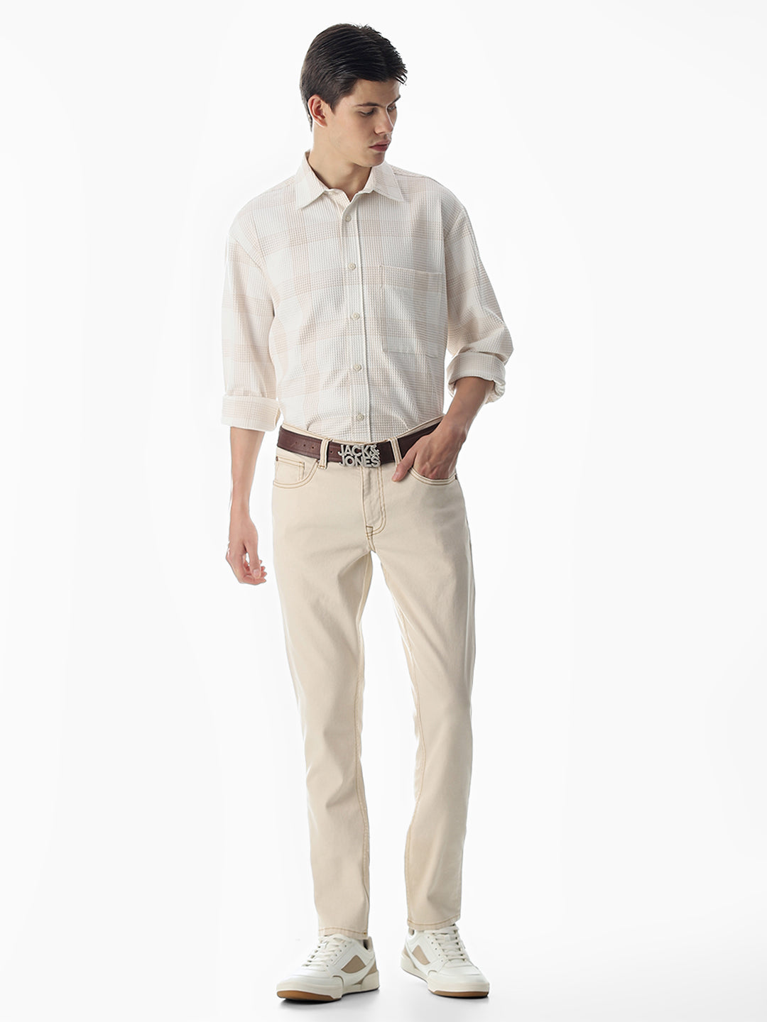 White Waffle Check Cotton Shirt