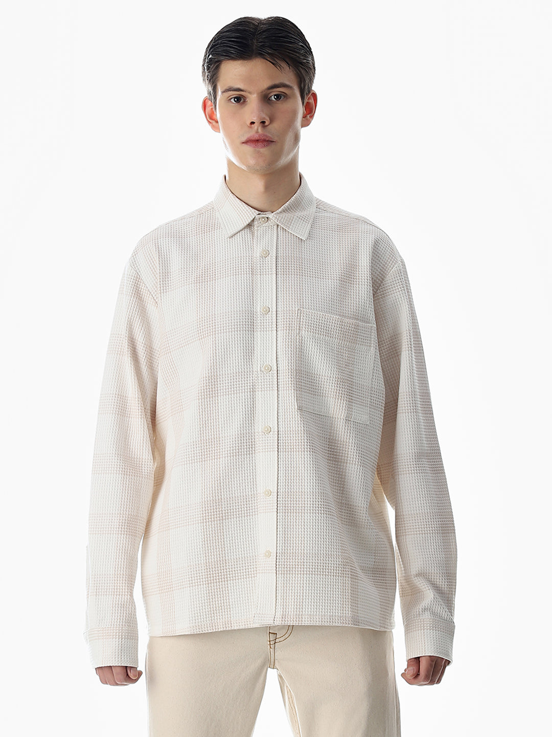 White Waffle Check Cotton Shirt