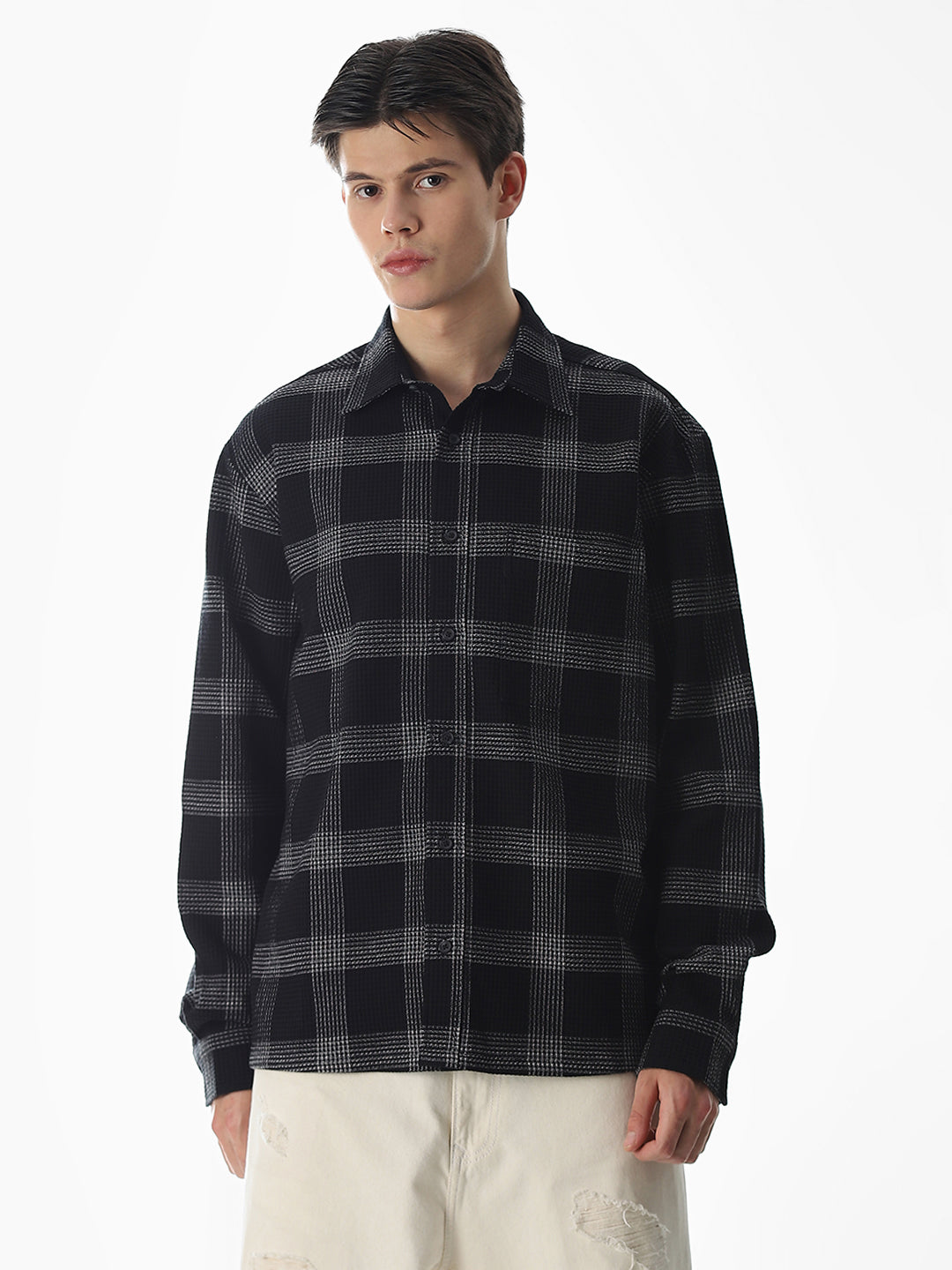 Black Waffle Check Cotton Shirt