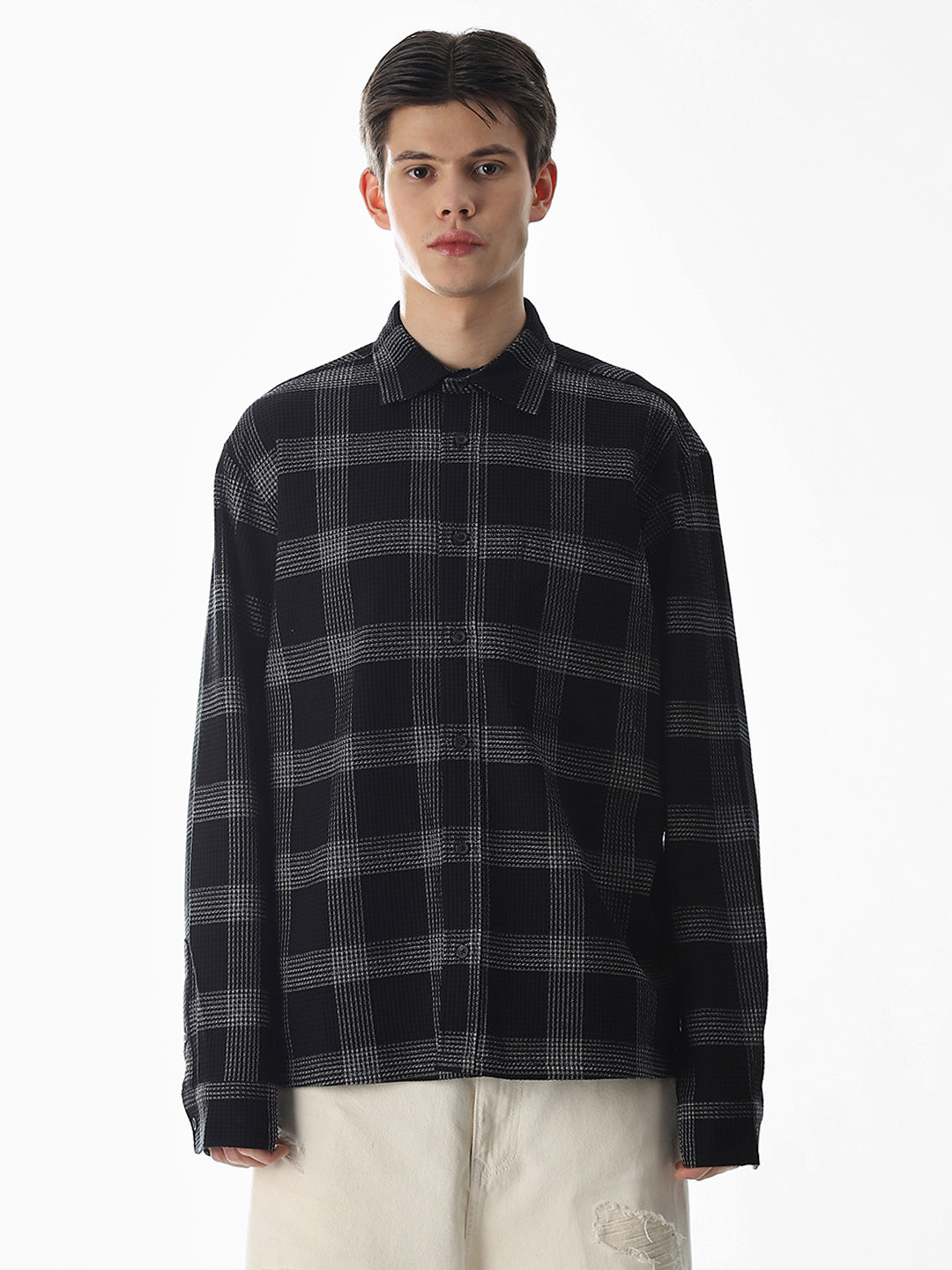 Black Waffle Check Cotton Shirt
