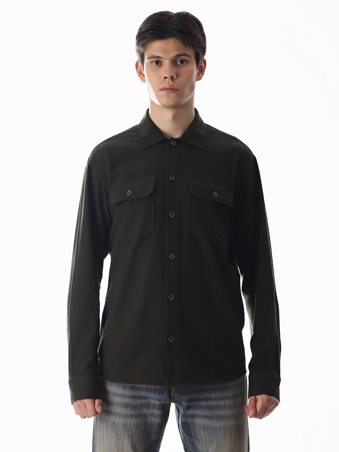 Men's Green Solid Oversized Shacket Shirt With Flap Pockets