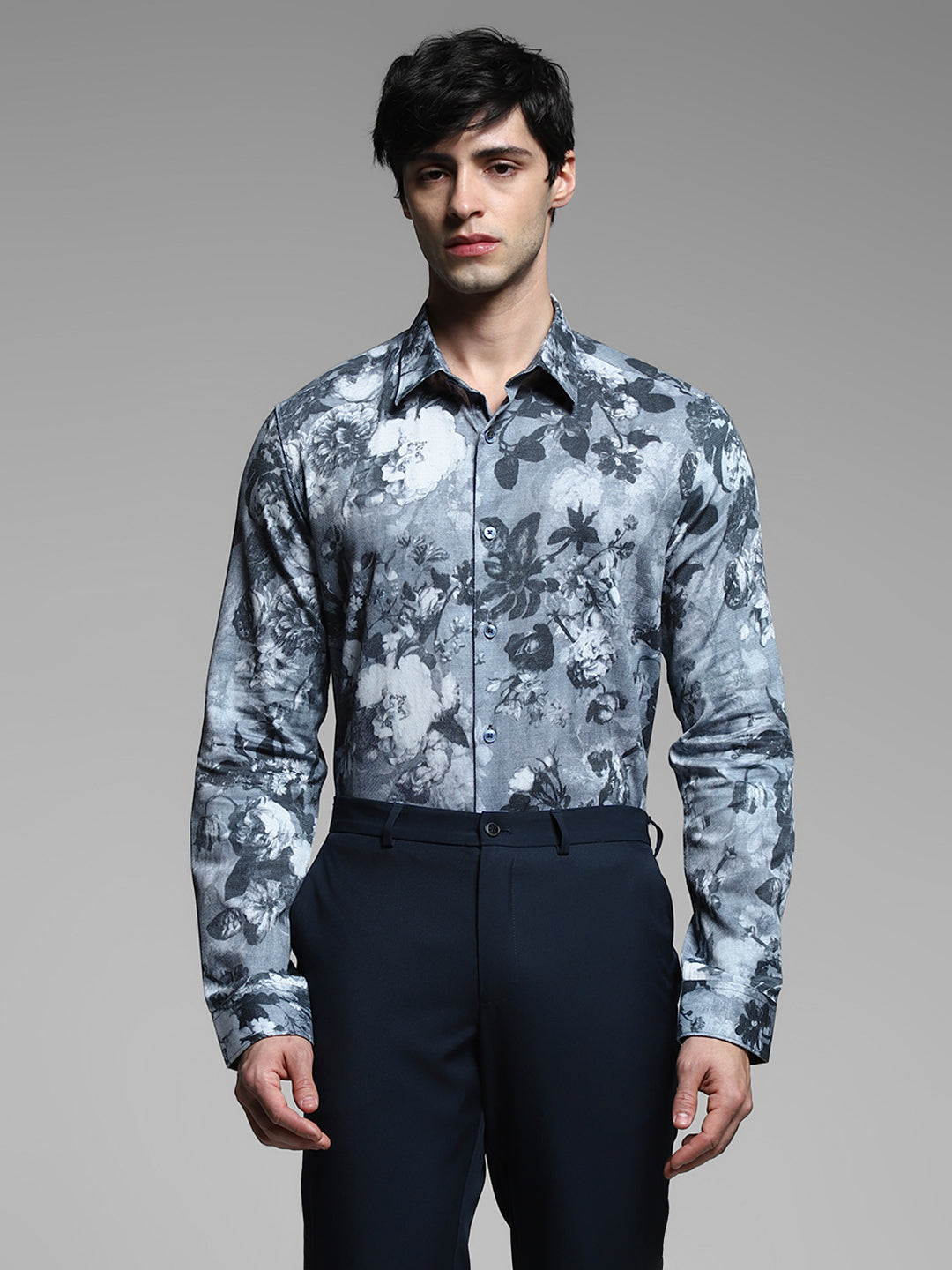 Grey Floral Print Cotton Shirt