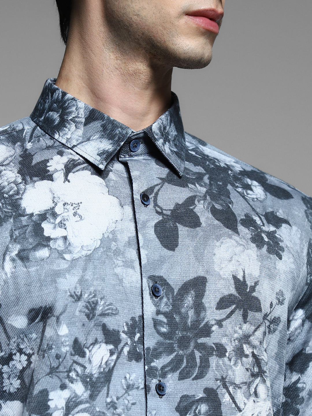 Grey Floral Print Cotton Shirt