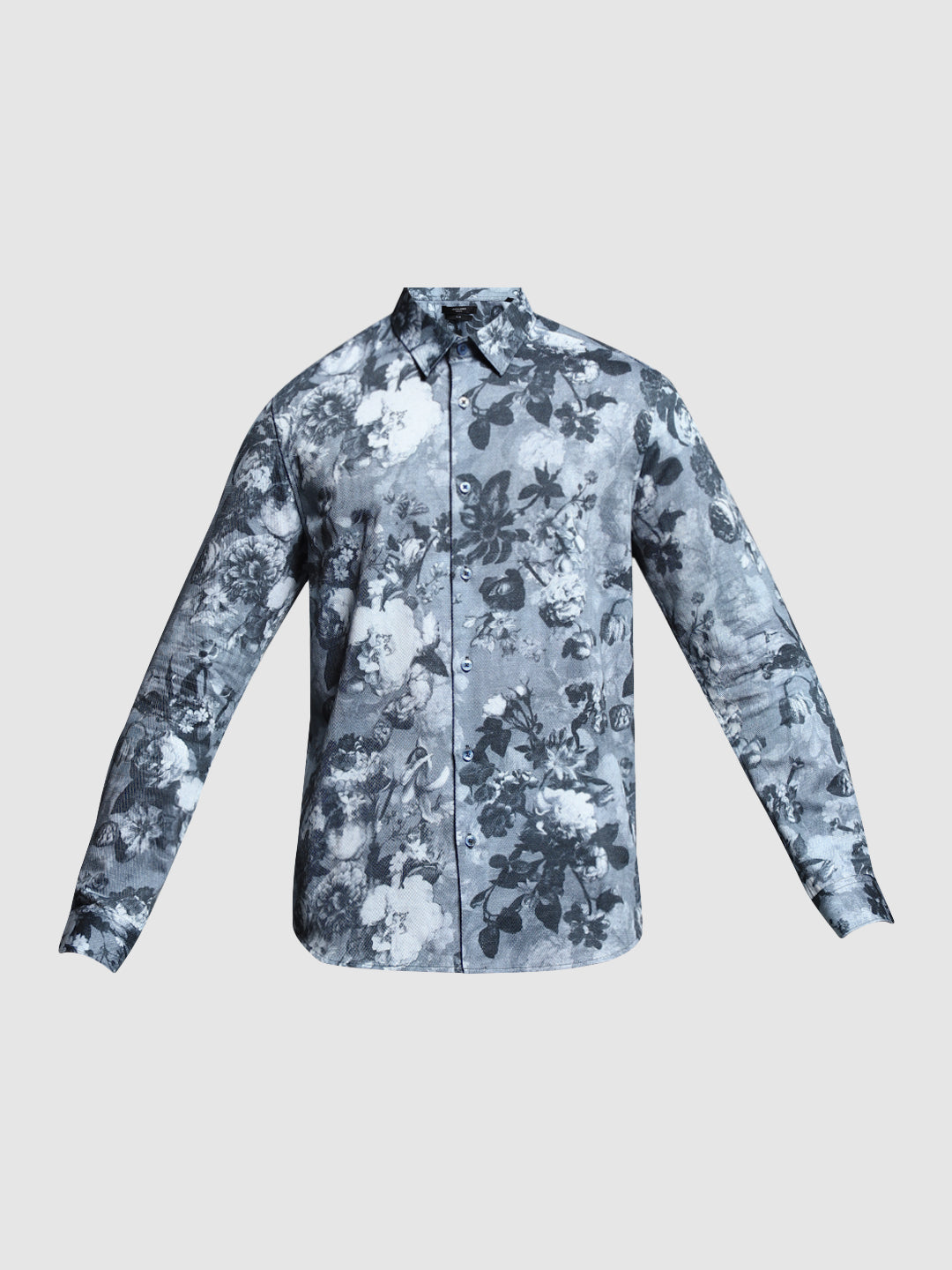 Grey Floral Print Cotton Shirt
