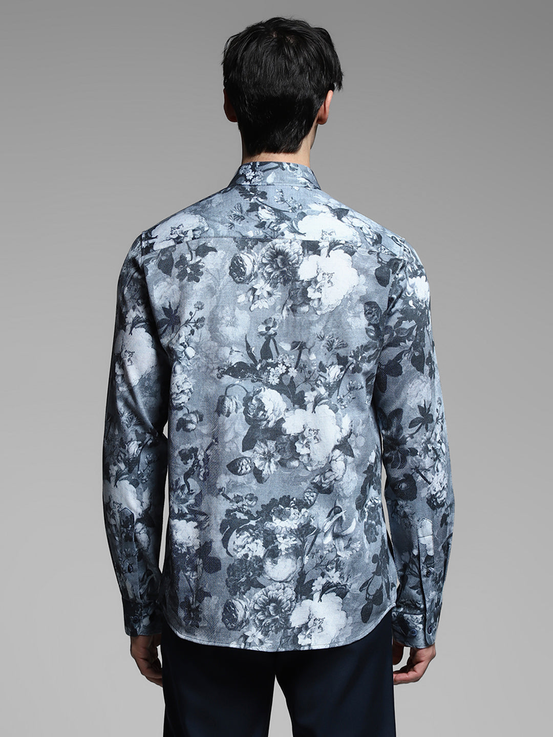 Grey Floral Print Cotton Shirt