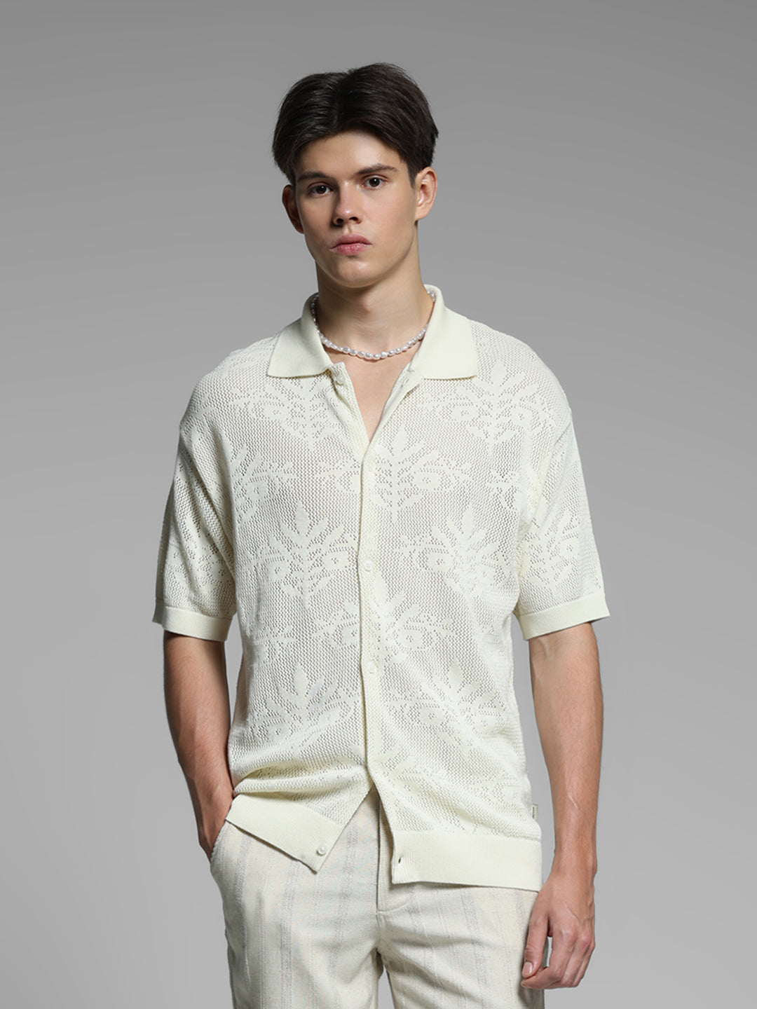 White Jacquard Front Open Polo