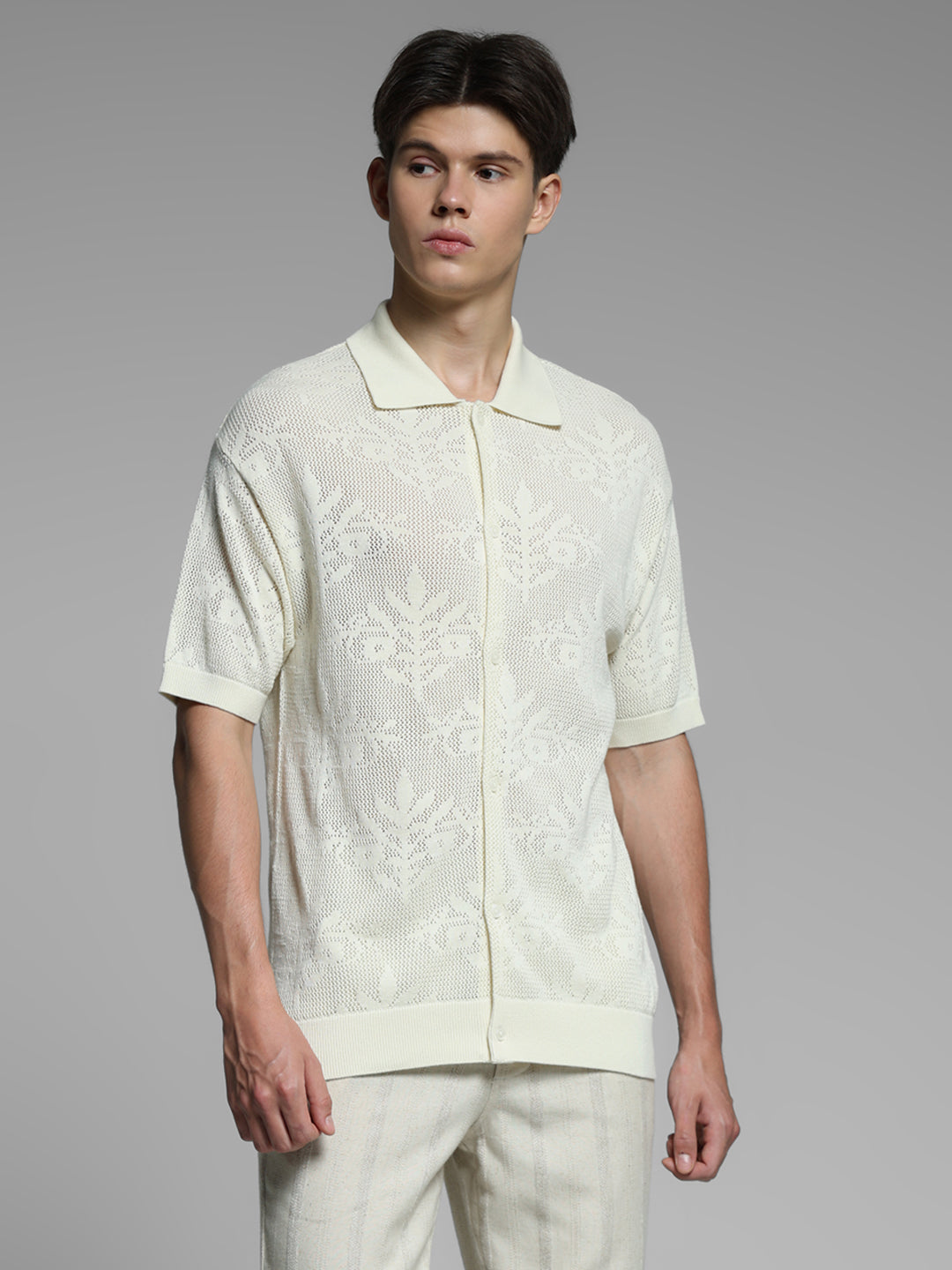 White Jacquard Front Open Polo