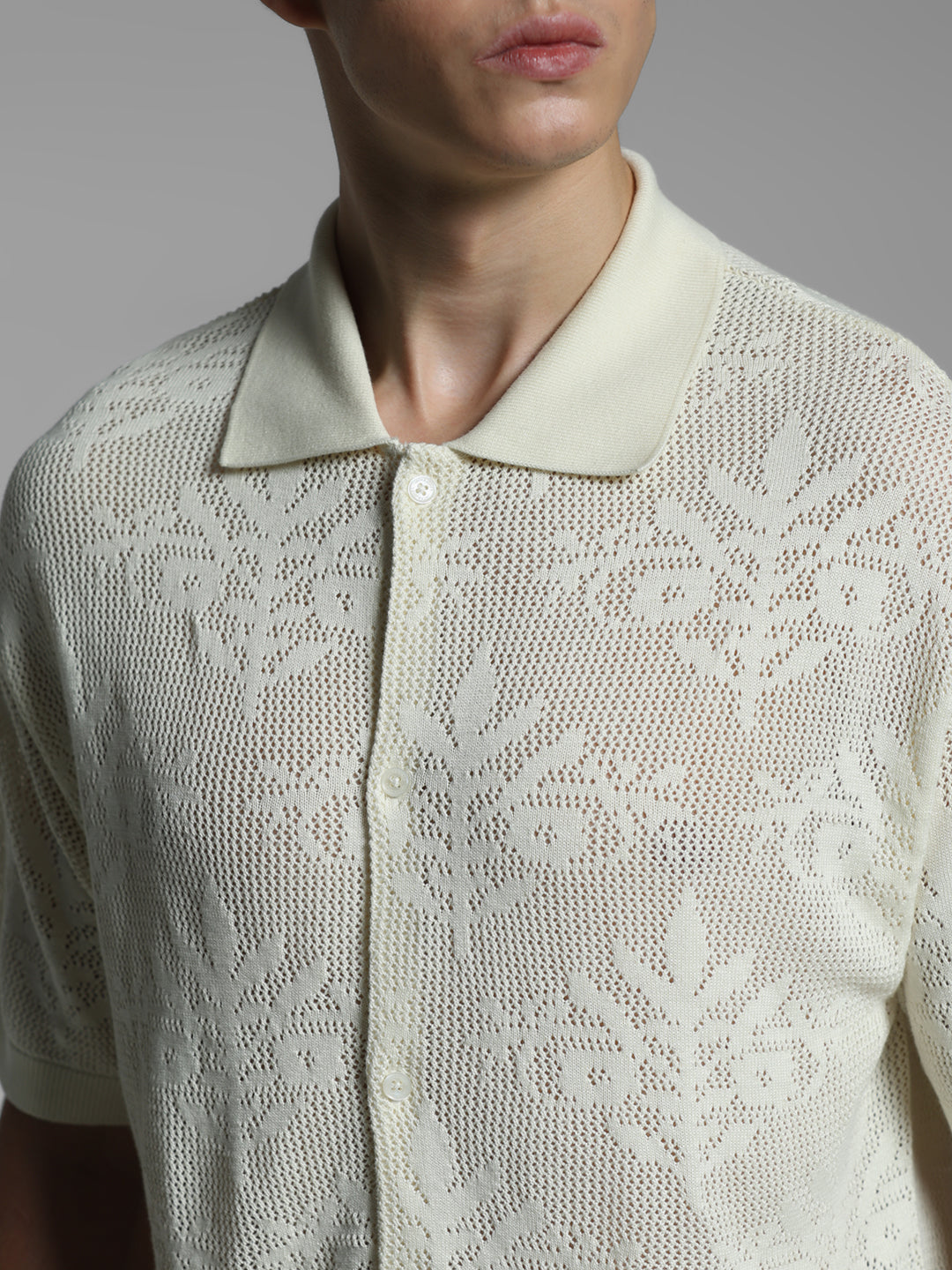 White Jacquard Front Open Polo