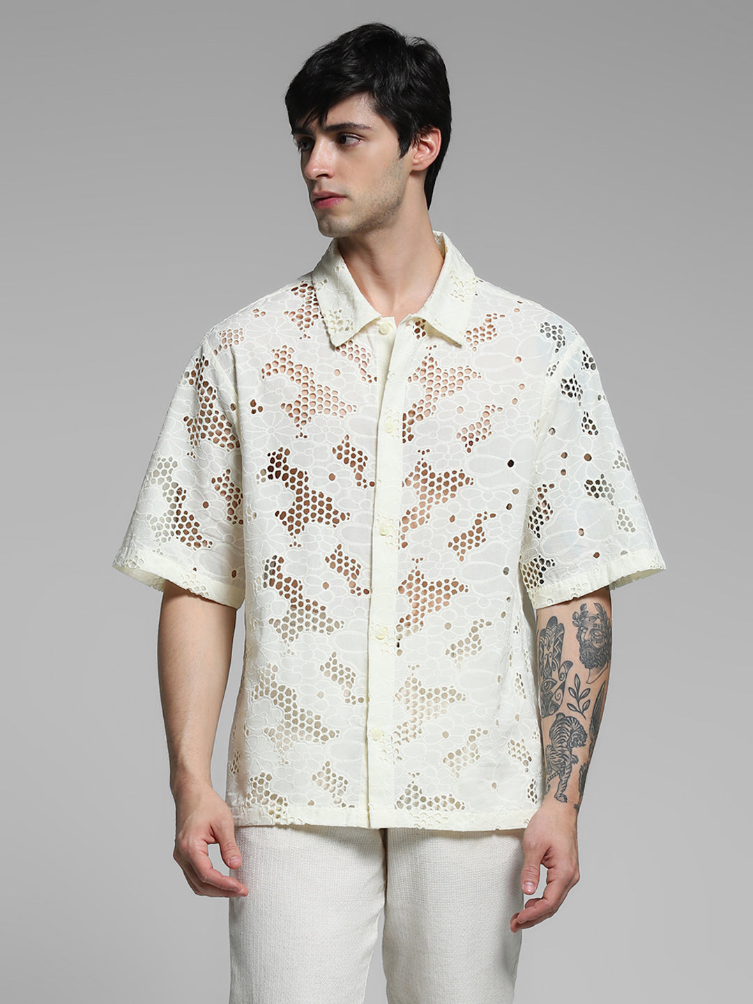 White Cut-Work Cotton Oversized Shirt