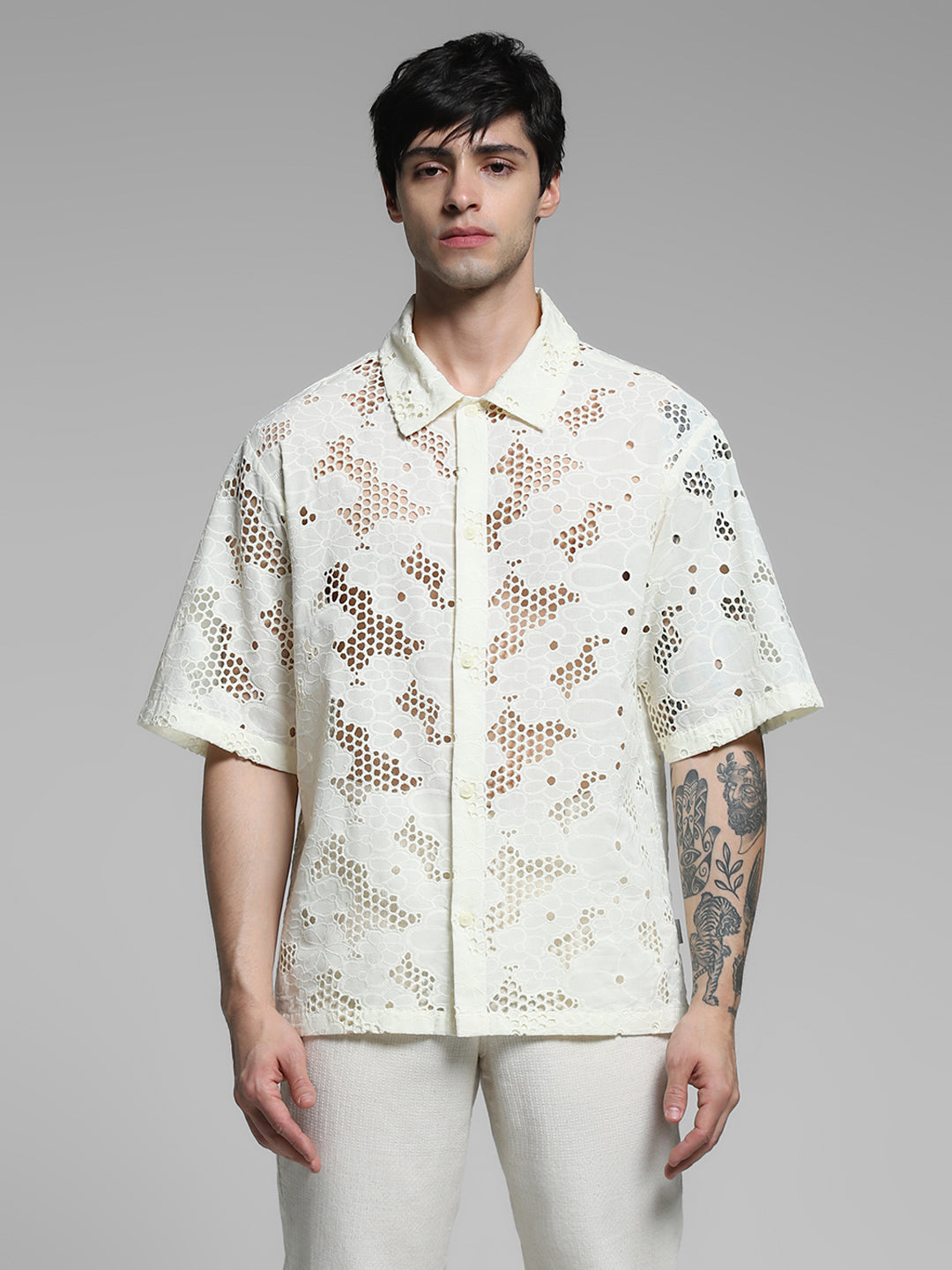 White Cut-Work Cotton Oversized Shirt