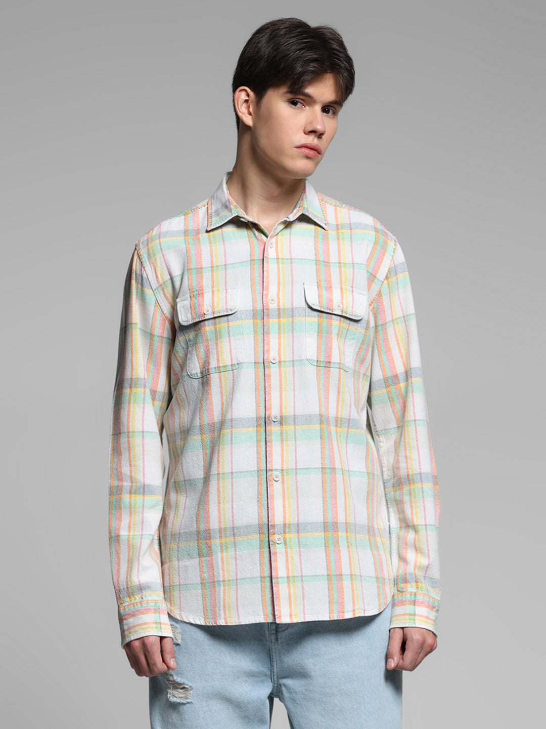 White Check Linen Blend Shirt