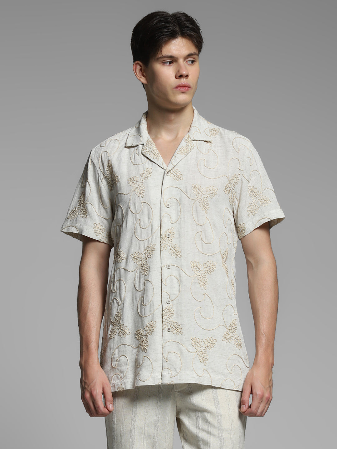 Grey Embroidered Comfort Fit Shirt