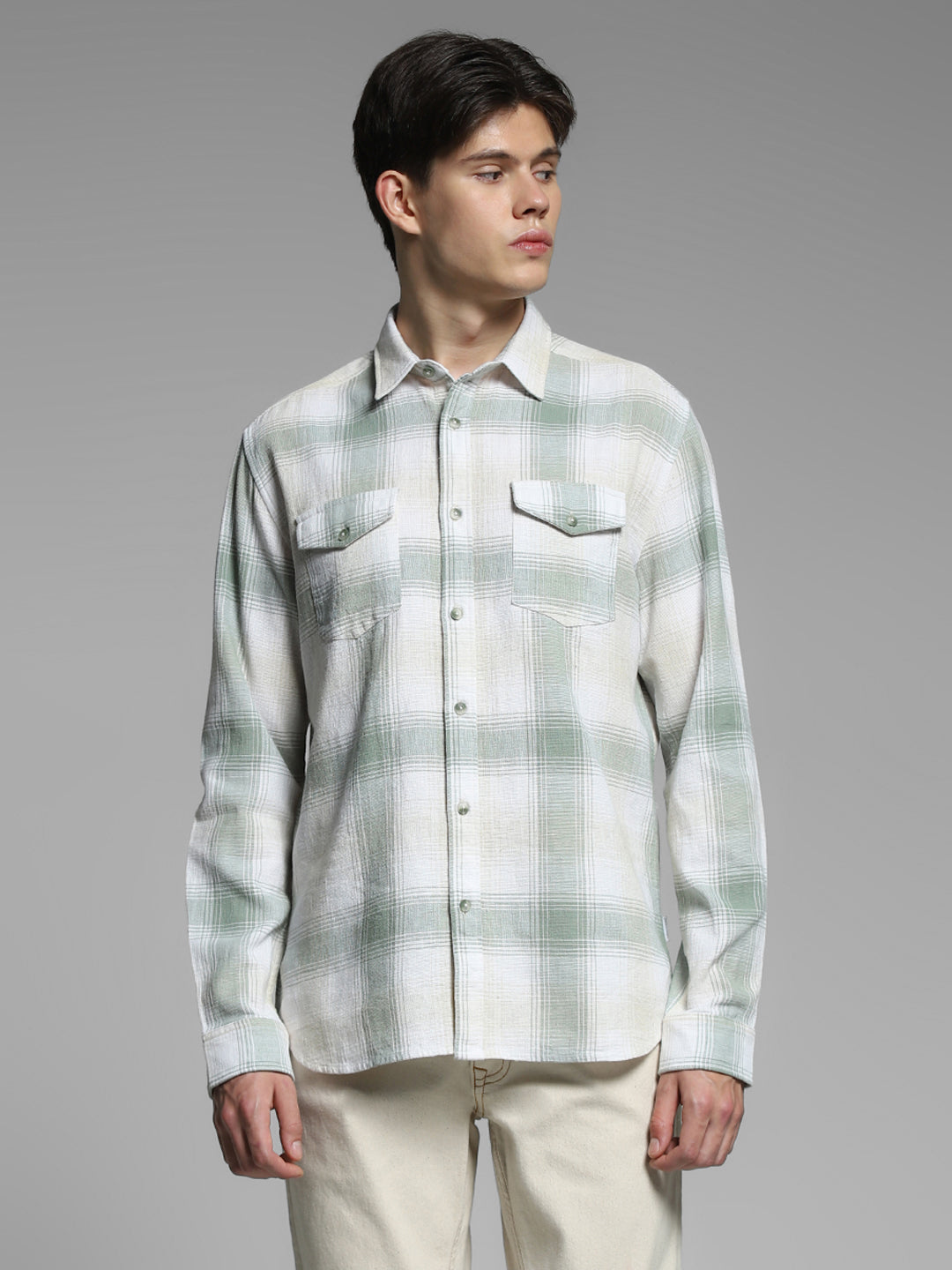 Light Green Check Linen Blend Shirt