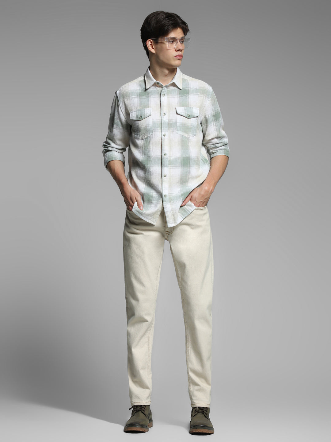 Light Green Check Linen Blend Shirt