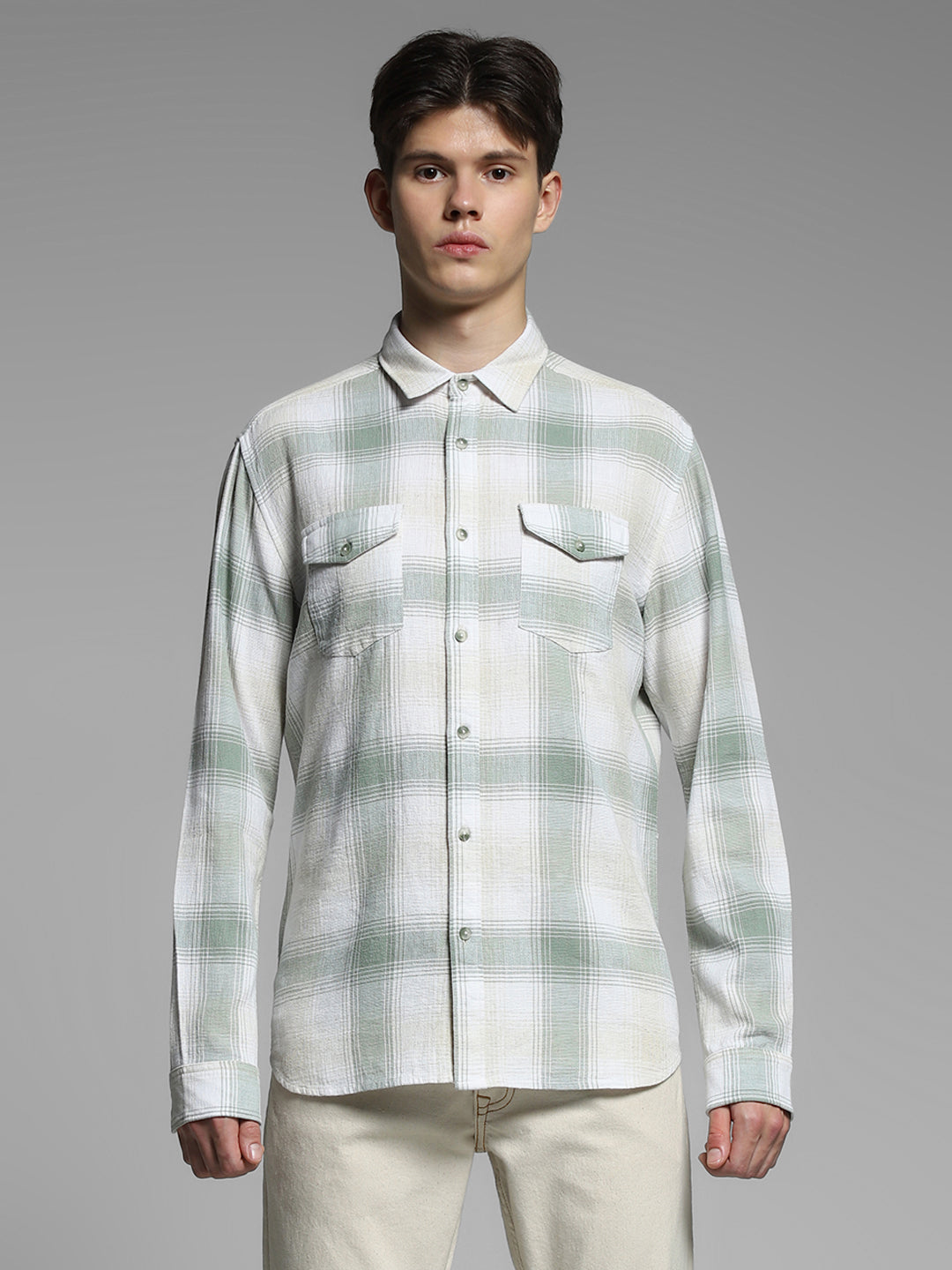 Light Green Check Linen Blend Shirt