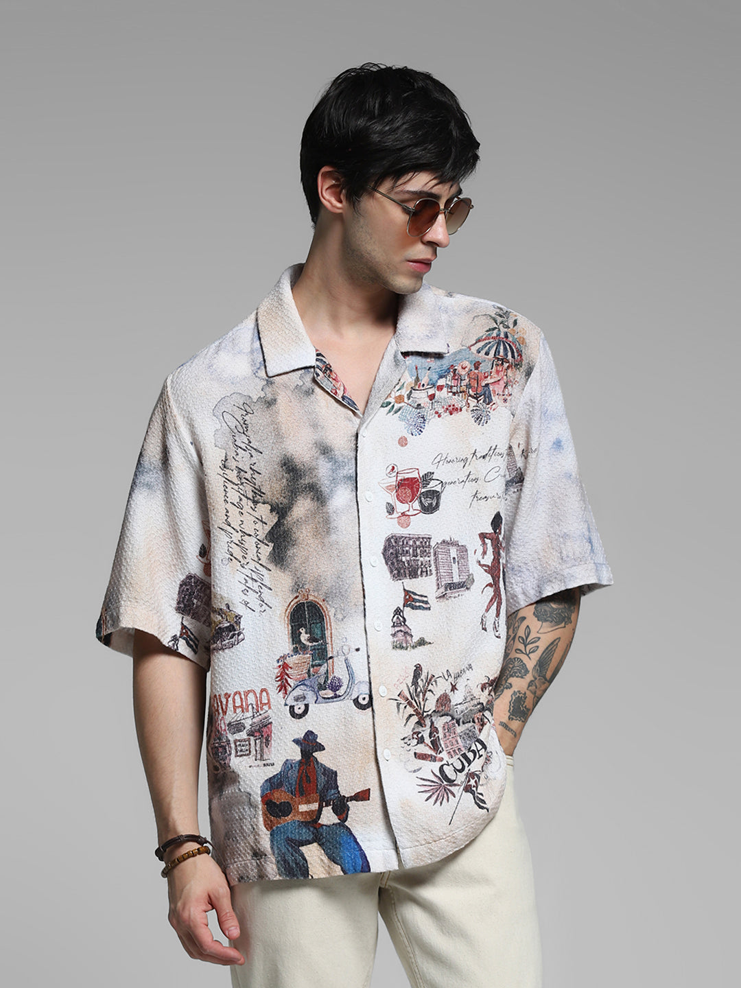 White Cuba Print Cotton Oversized Shirt