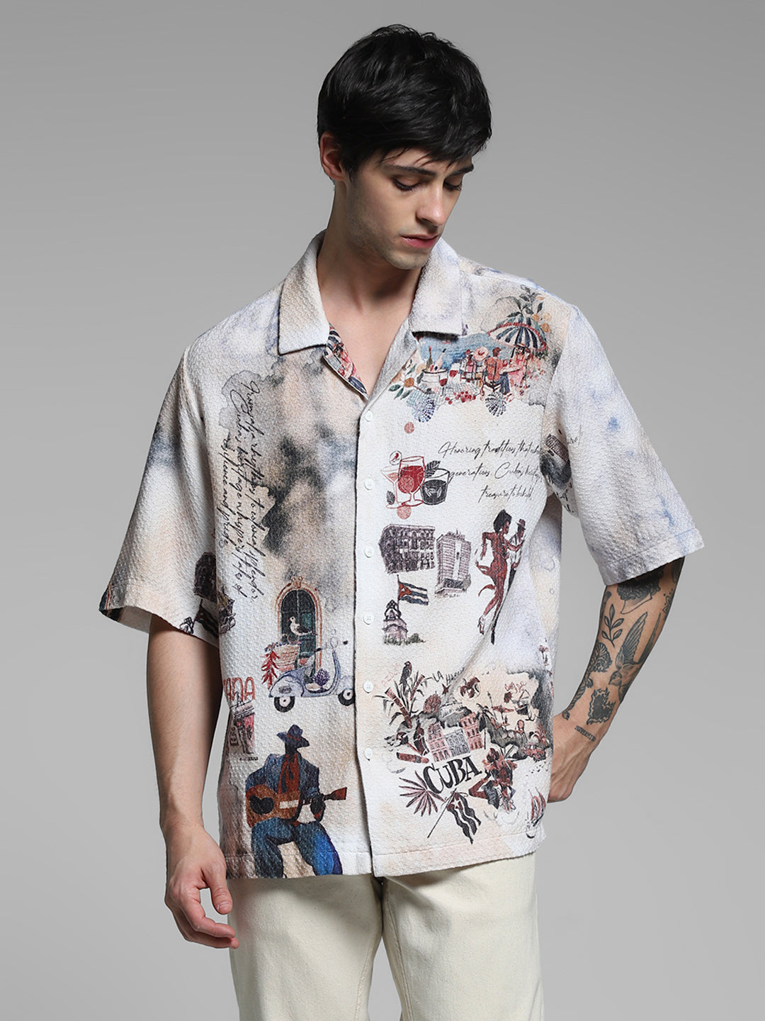 White Cuba Print Cotton Oversized Shirt